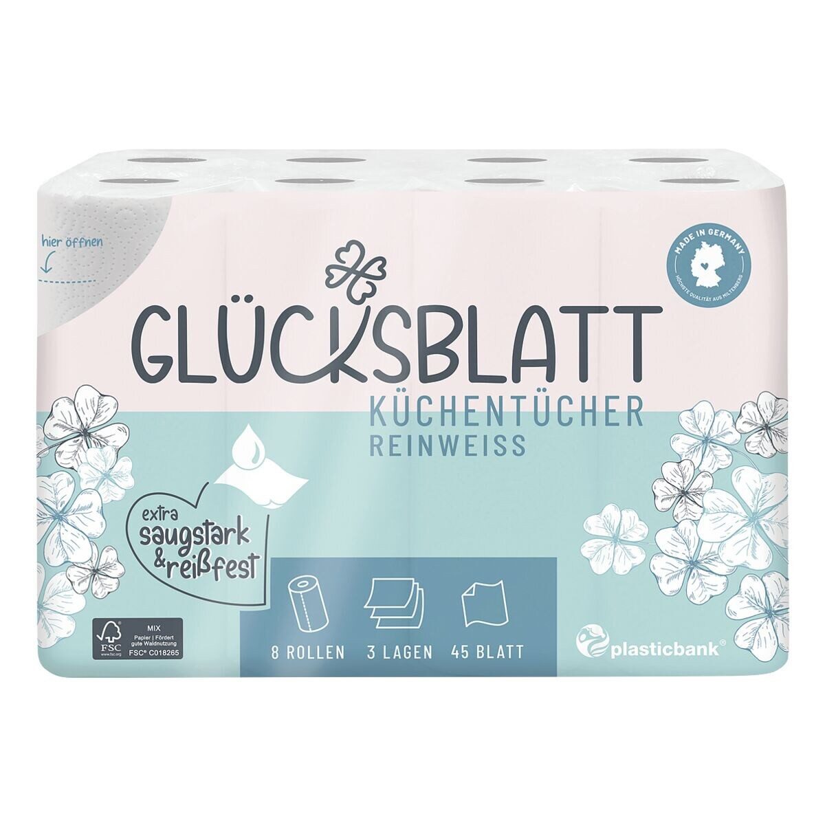 Glücksblatt Papierküchenrolle Reinweiß (8-St), 3-lagig, 8 Rollen à 45 Blatt