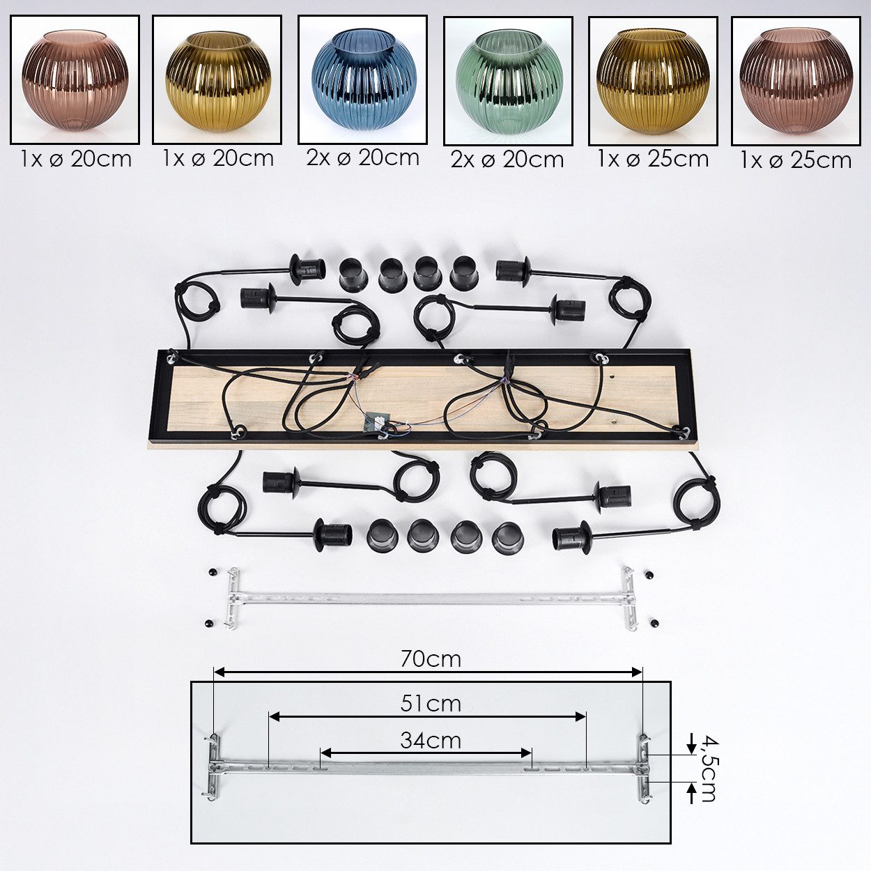hofstein Hängeleuchte Hängelampe Metall/Holz/Riffelglas, Schwarz/Natur/Grün/Blau/Kupfer/Gold, ohne Leuchtmittel, Hängeleuchte im modernen Retro/Vintage-Design (20; 25 cm), 8 x E27