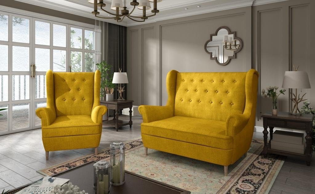 JVmoebel Wohnzimmer-Set Graue Stoff Chesterfield Sofagarnitur 2+1 Sitzer Sofa Couch Polster Gelb