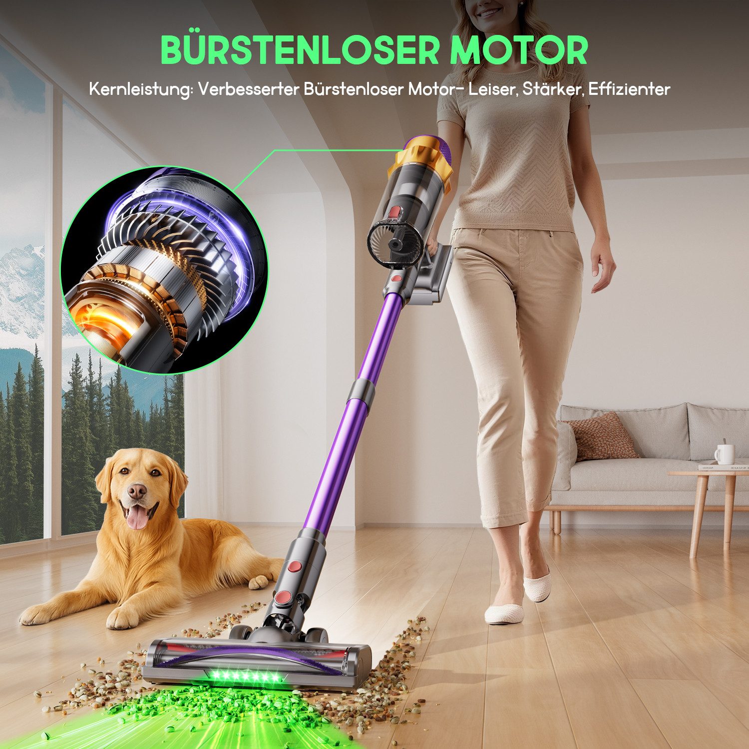 Hiazurm Akku-Hand-und Stielstaubsauger Akku Staubsauger,85000Pa/2.8L/70min OLED-Display Staubsauger Kabellos, 3 Stufen Bürstenloser Motor Stabstaubsauger Grüne Schmutz-Erkennung, Akkusauger für Tierhaare, Teppich & Auto