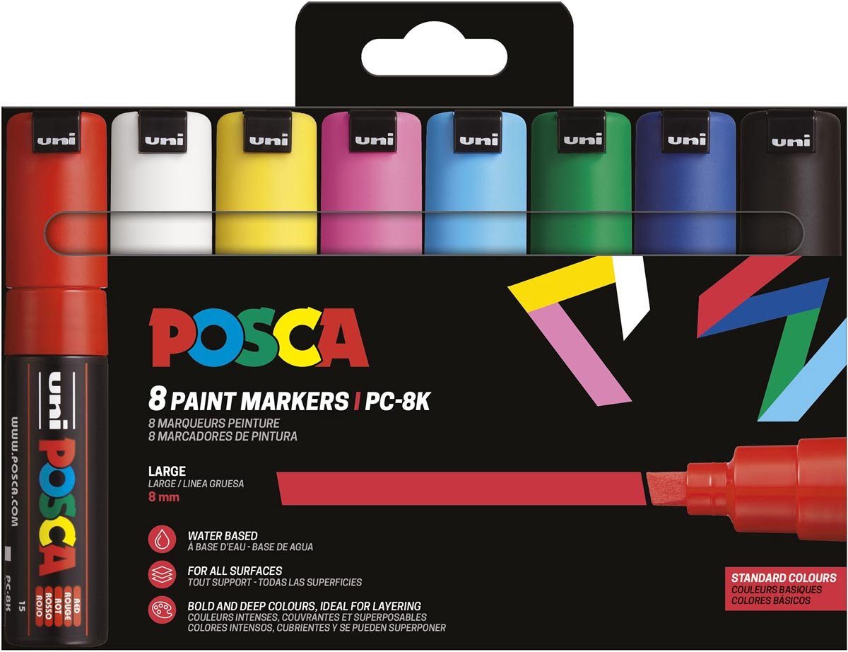 POSCA Marker PC8K Set Basisfarben 8 Stück, (Set, 1-tlg., Basisfarben), CE-Zertifizierung