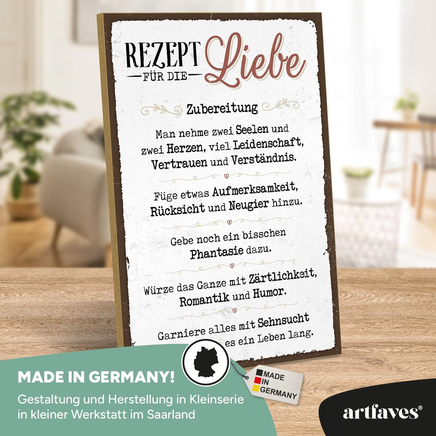 ARTFAVES Holzbild Schild mit Spruch - Rezept für die Liebe - Liebe, Familie, Freundschaf