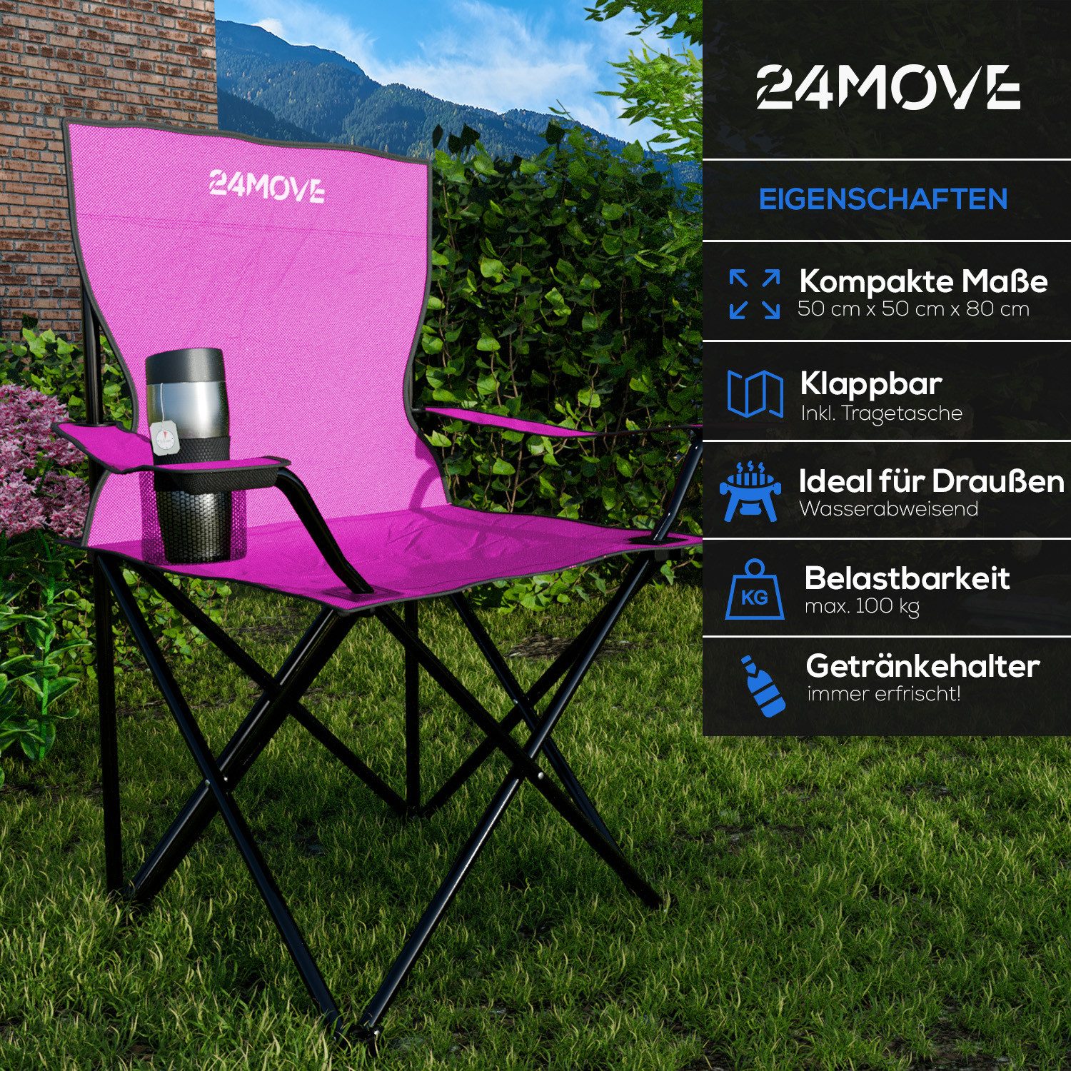 24Move Campingstuhl 24MOVE® Campingstuhl faltbar,Anglerstuhl,Liegestuhl mit Getränkehalter (bis max. 100 kg), mit Tragetasche, pink, Klappstuhl, bis 100kg belastbar