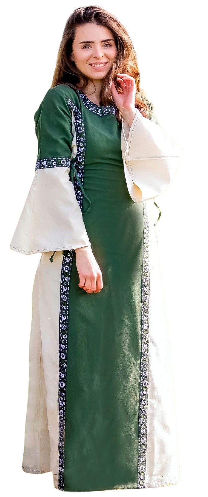 Leonardo Carbone Burgfräulein-Kostüm Trompetenärmelkleid "Sophie" mit Bordüre, seitliche Schnürungen, hochwertige Baumwolle