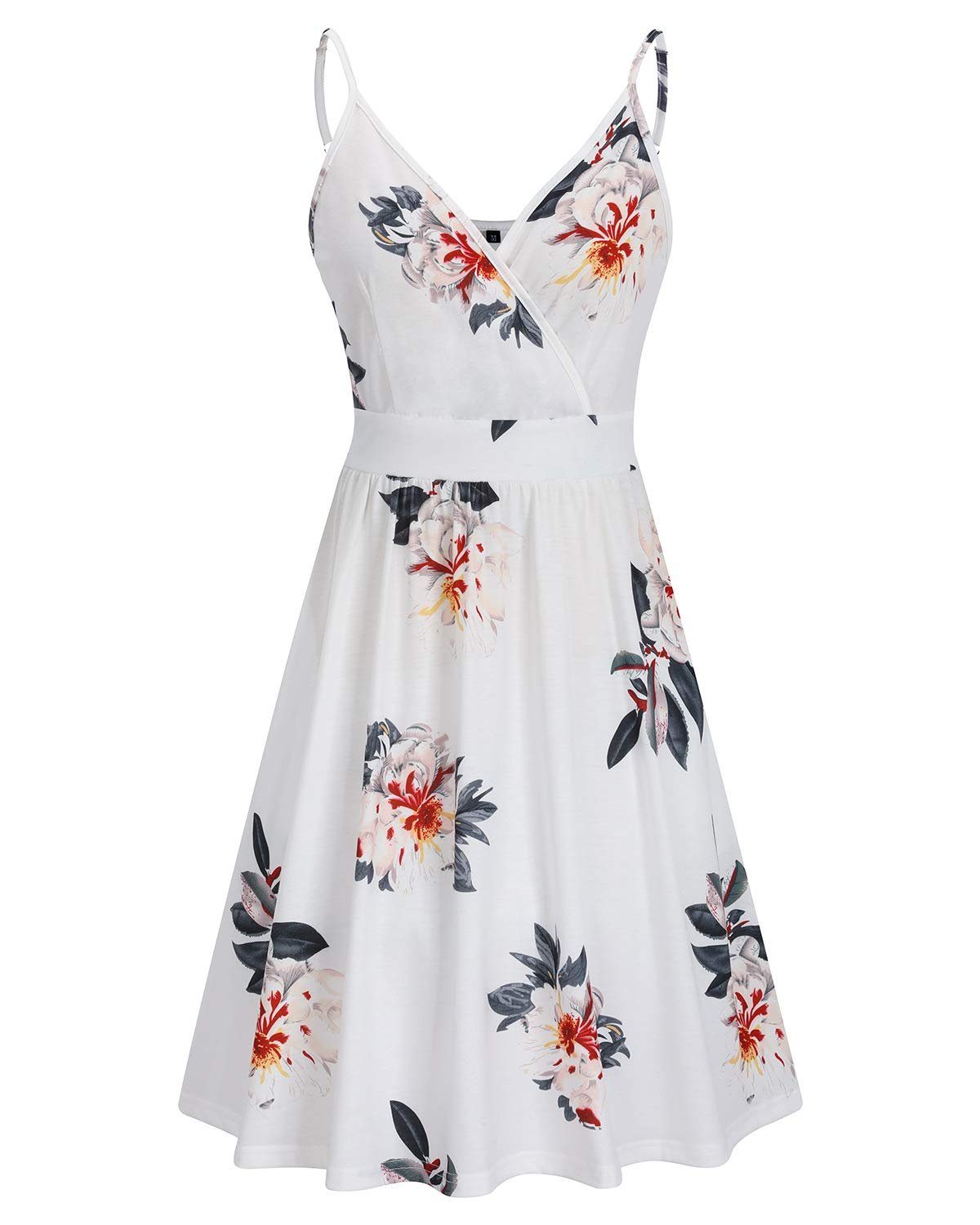 OTGFNN21S234 Damen mit Midilänge V-Ausschnitt G4Free Sommerkleid Vintage Sommer Kleid Strandkleid Weiß-NN234A Kleider Tank Ärmelloses Taschen Blumen