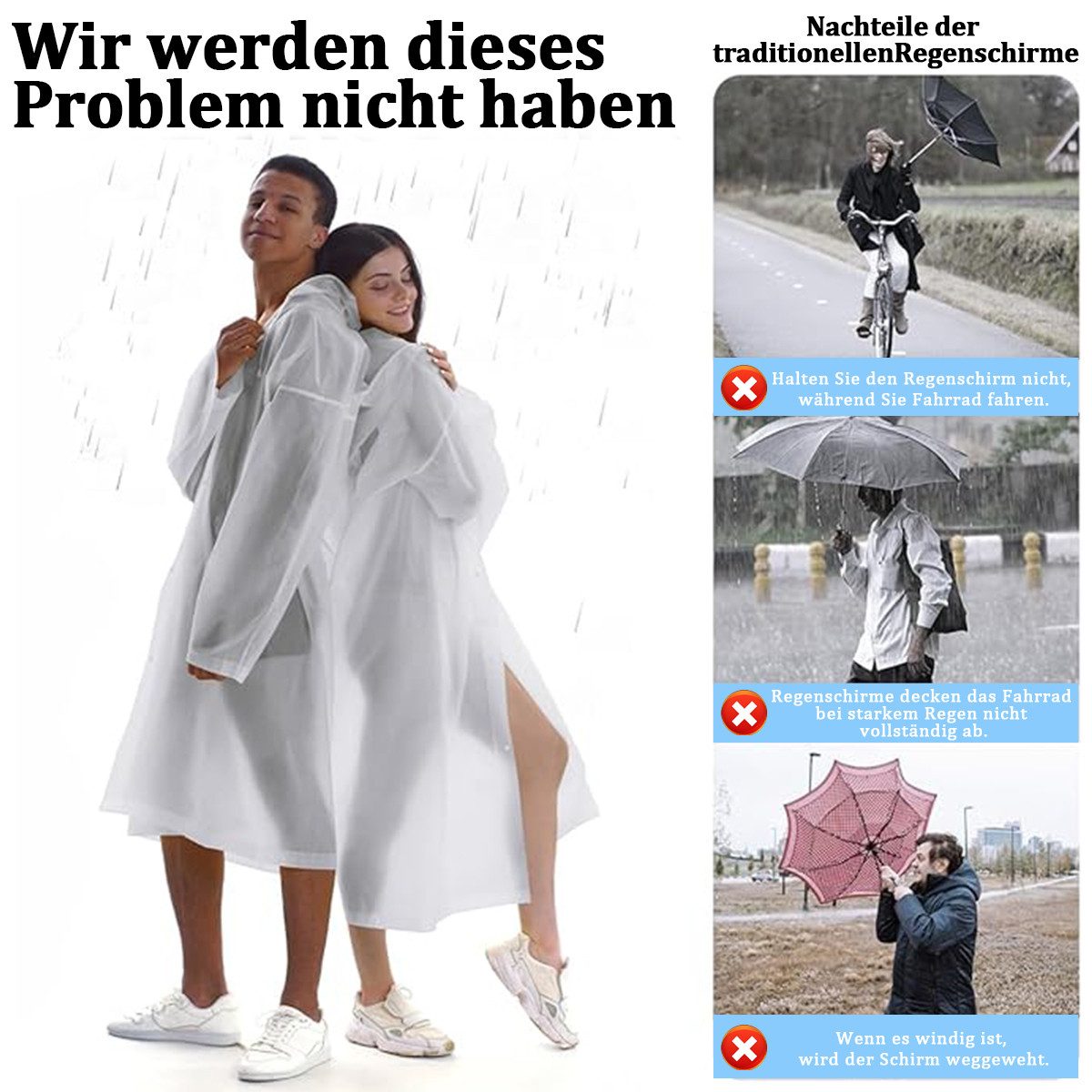 MOPUEA Regenmantel Regenmantel 2 Stück Durchsichtiger Regenponcho für Erwachsene (Set, 2-tlg., leicht, tragbar und wiederverwendbar) Vielseitiges Design mit Kapuze und elastischen Bündchen, windfest.