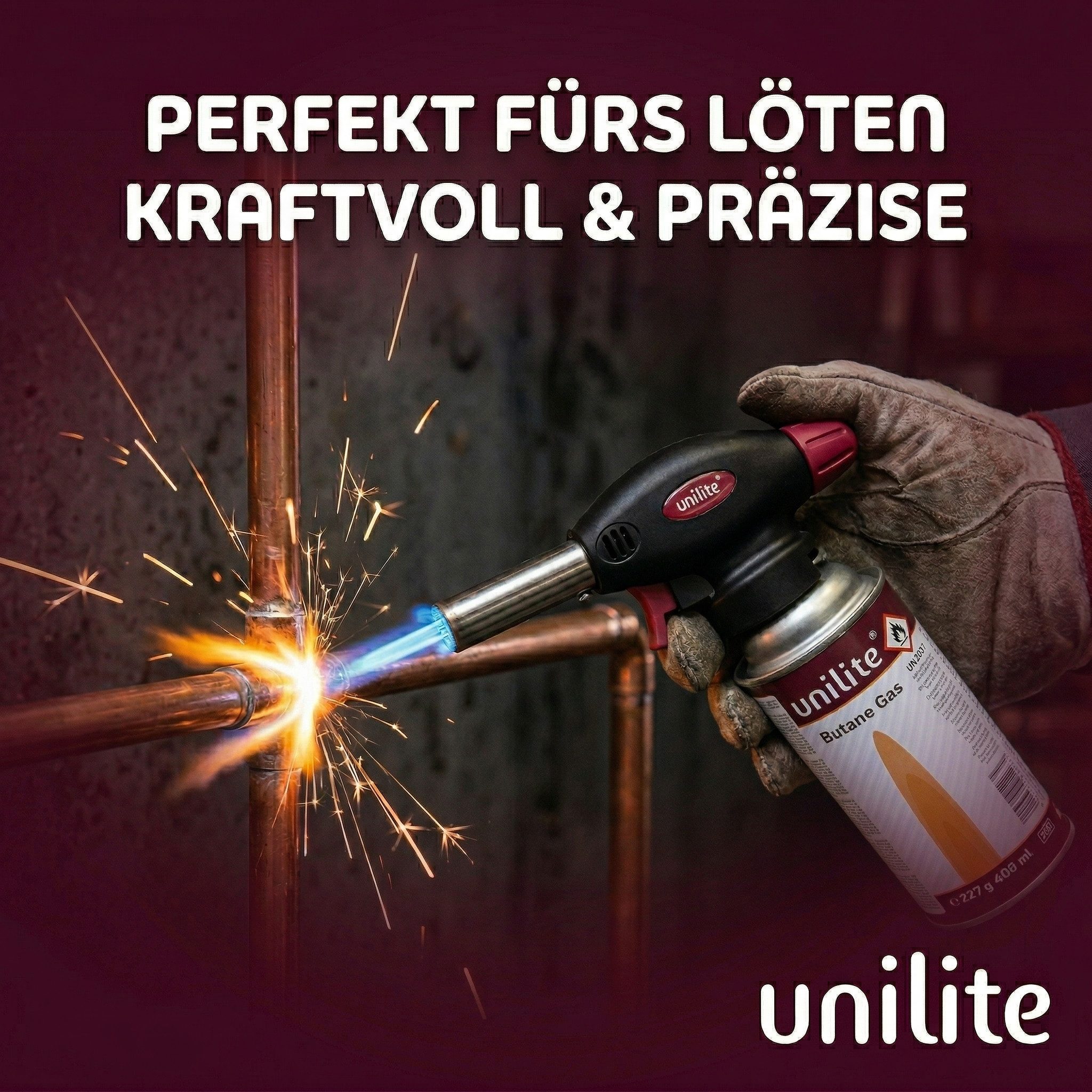 Unilite Flambierbrenner Gasbrenner Lötbrenner Set mit 2 x 227g Gaskartuschen, (3-tlg), 1300W, 1300°C, Piezozündung, MSF-1A-Kompatibel – Bild 5 von 5