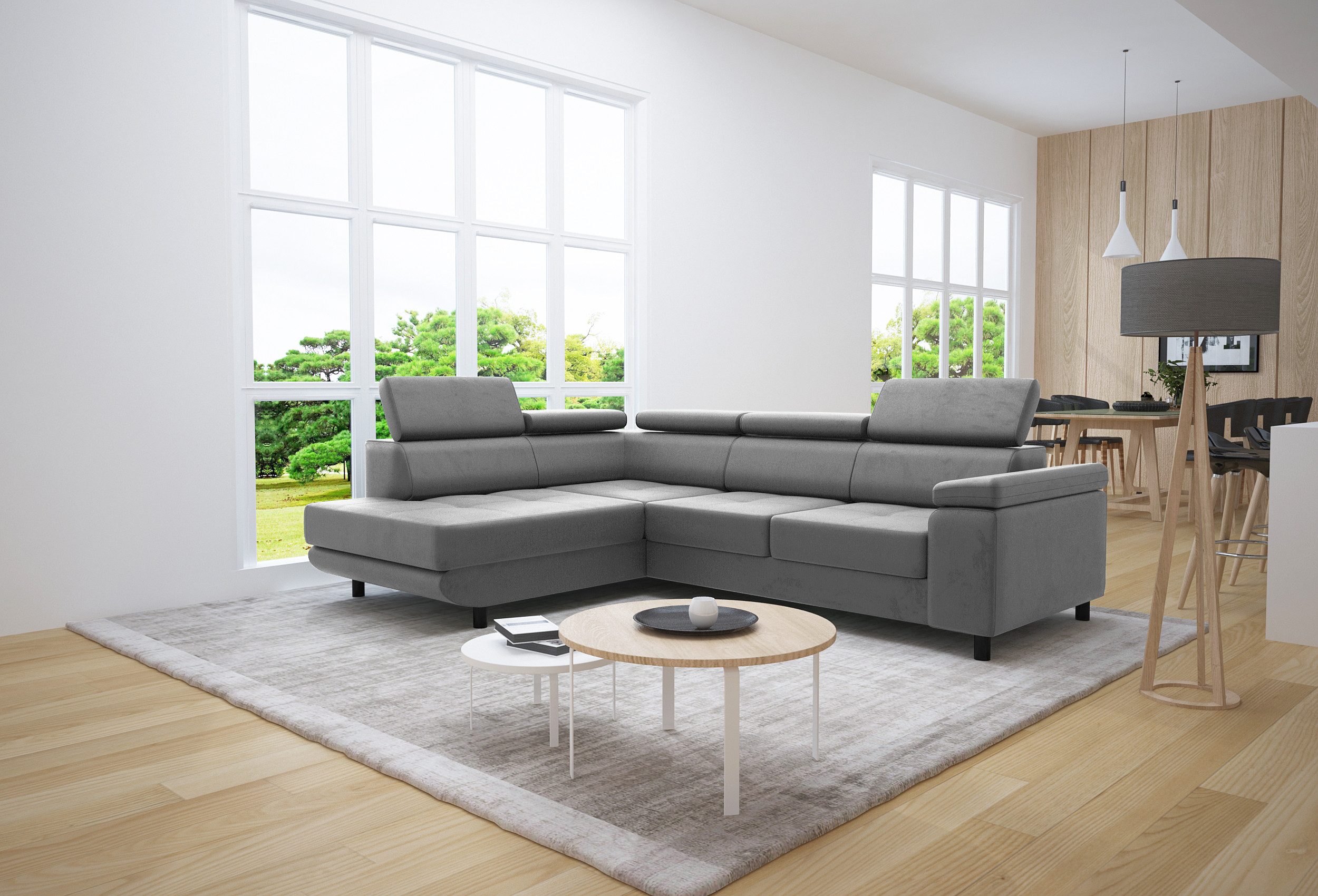 thematys Ecksofa LUNA L mit Schlaffunktion & Bettkasten – aus Velours oder Cord Stoff, mit 5 verstellbaren Kopfstützen, – L-Form 195×183 cm – Schlafsofa mit Auszug