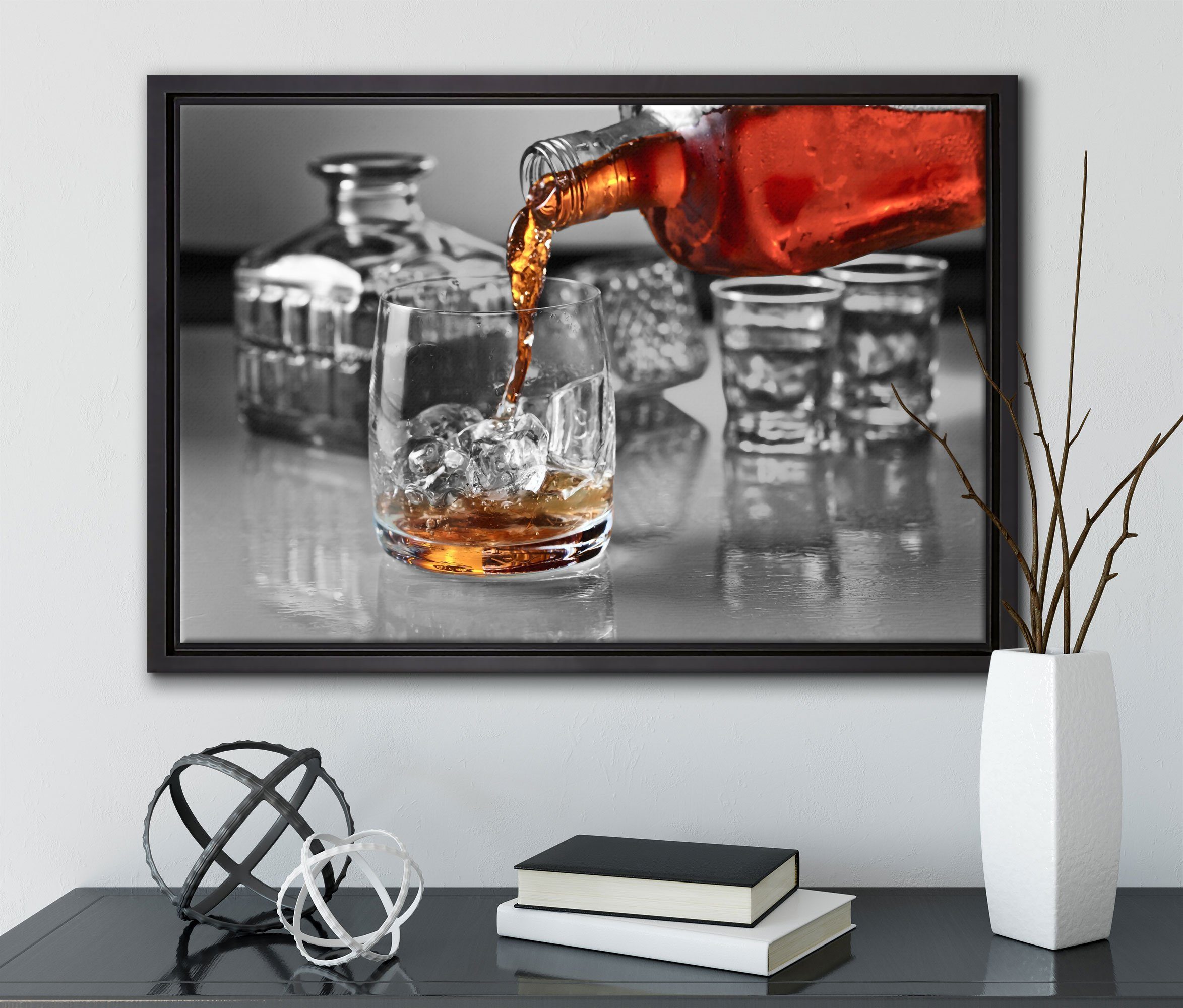 Pixxprint Leinwandbild Whiskey Schattenfugen-Bilderrahmen Wanddekoration fertig bespannt, im in einem Zackenaufhänger Whiskeyglas, inkl. St), gefasst, Leinwandbild (1