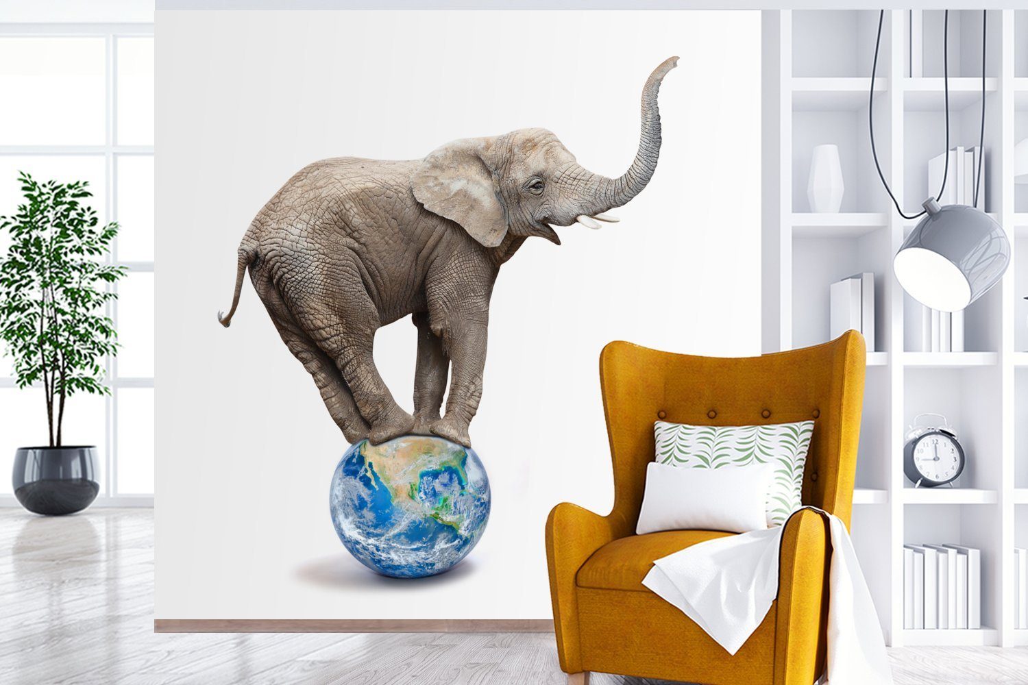 bedruckt, - oder Schlafzimmer, - (5 Globus Elefant Wohnzimmer Matt, MuchoWow Fototapete Tapete St), Weiß, Wandtapete Vinyl für