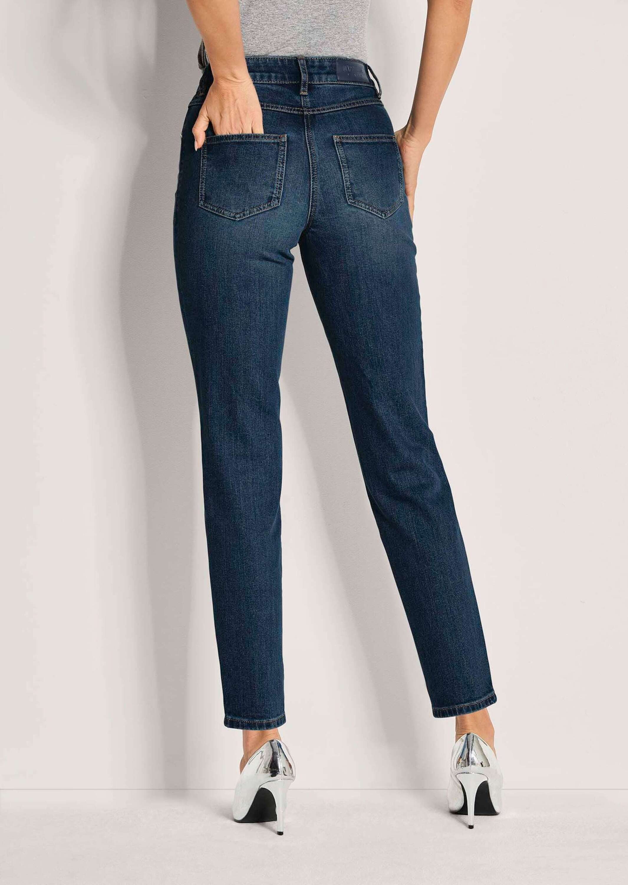 MADELEINE Gerade Jeans Kurzgröße: Lange Slim Fit Stretch-Jeans Waschung mit Kettendetails, High Waist Hose mit langem Bein