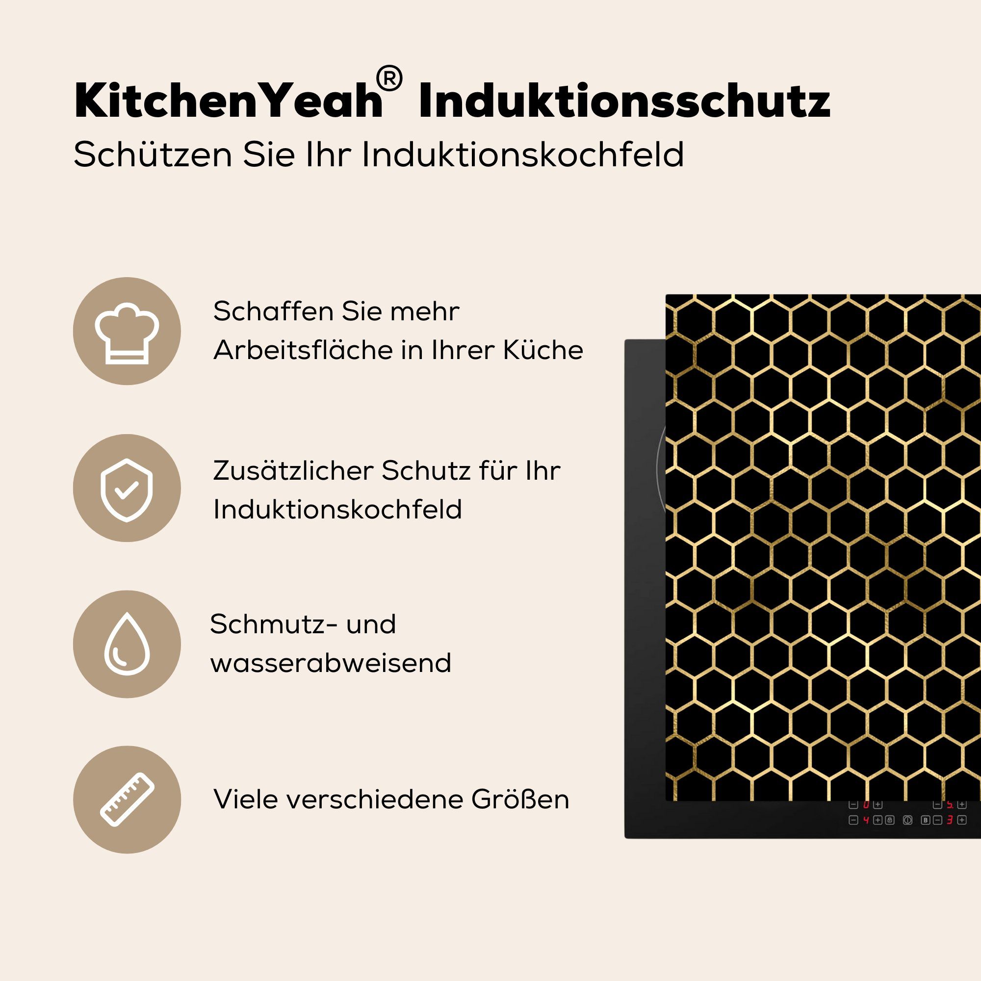 MuchoWow Herdblende-/Abdeckplatte Muster - tlg), - Ceranfeldabdeckung, für 78x78 Vinyl, (1 küche Schwarz, Sechseck - Arbeitsplatte cm, Gold