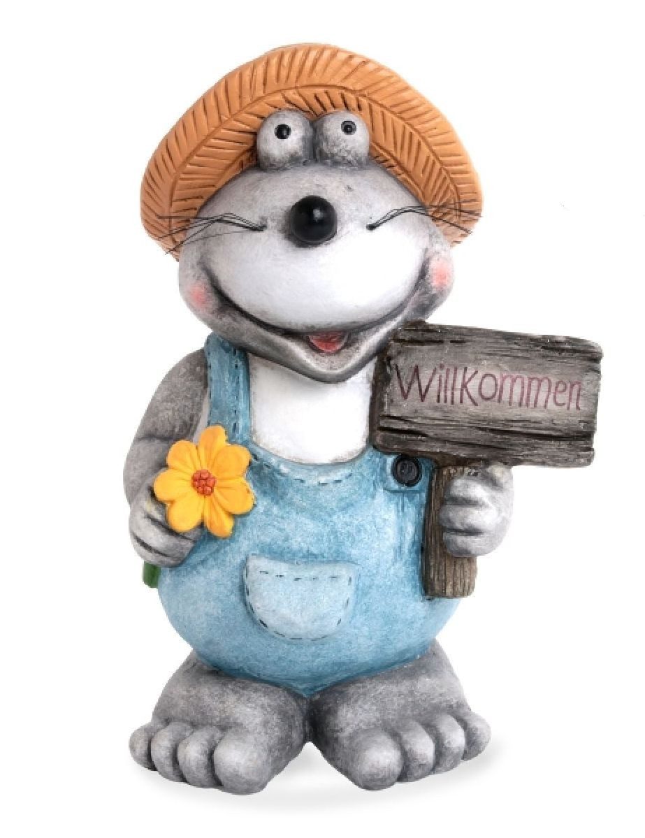 Dragimex Gartenfigur Deko-Maus mit Hut – 35 cm hoch, wetterfest aus Magnesia