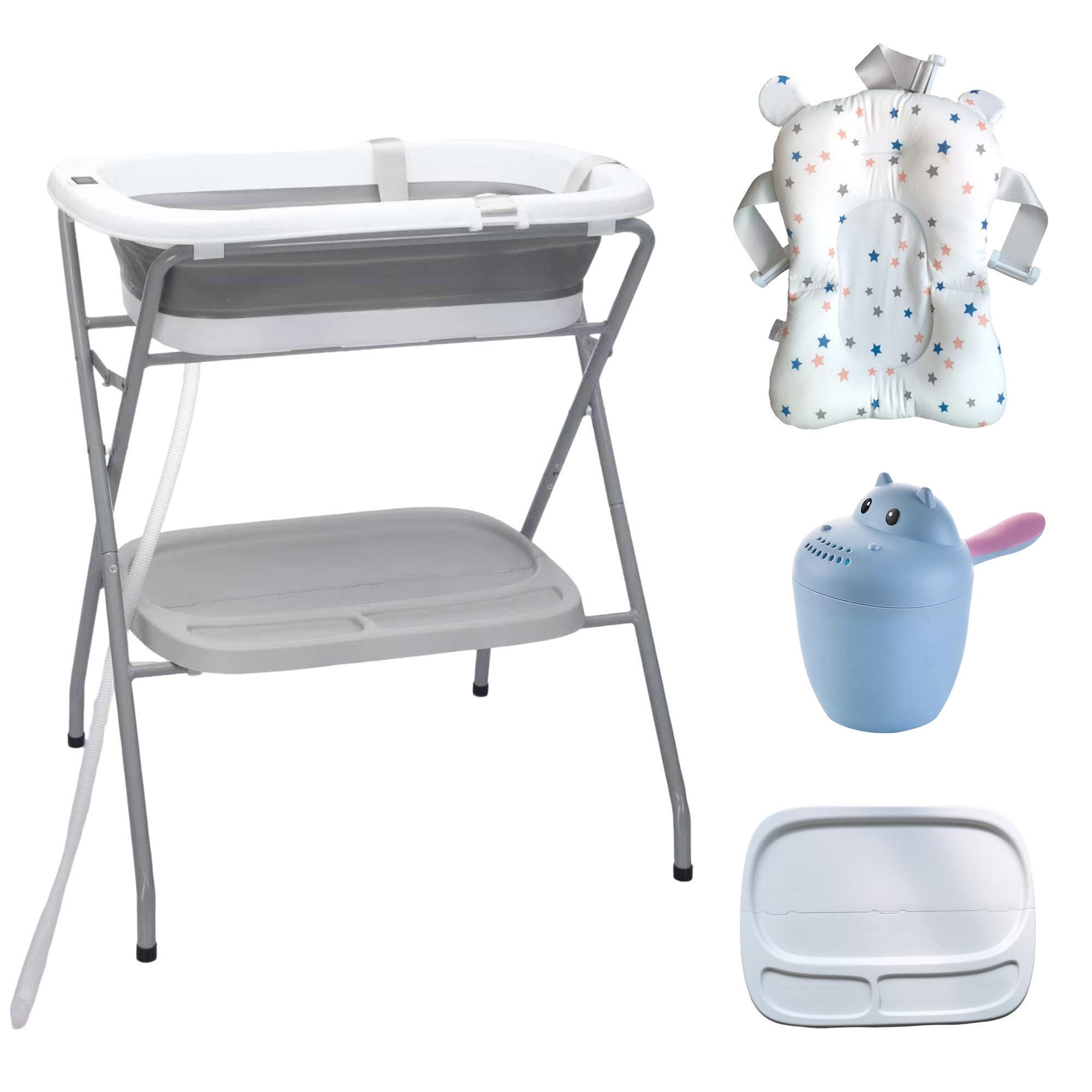 SEHAUSEU Babybadewanne Babywanne Badewanne mit Gestell faltbar, mit Thermometer, mit Abflussschlauch, Kissen–Matratze, Ablagebrett, Haarwaschbecher