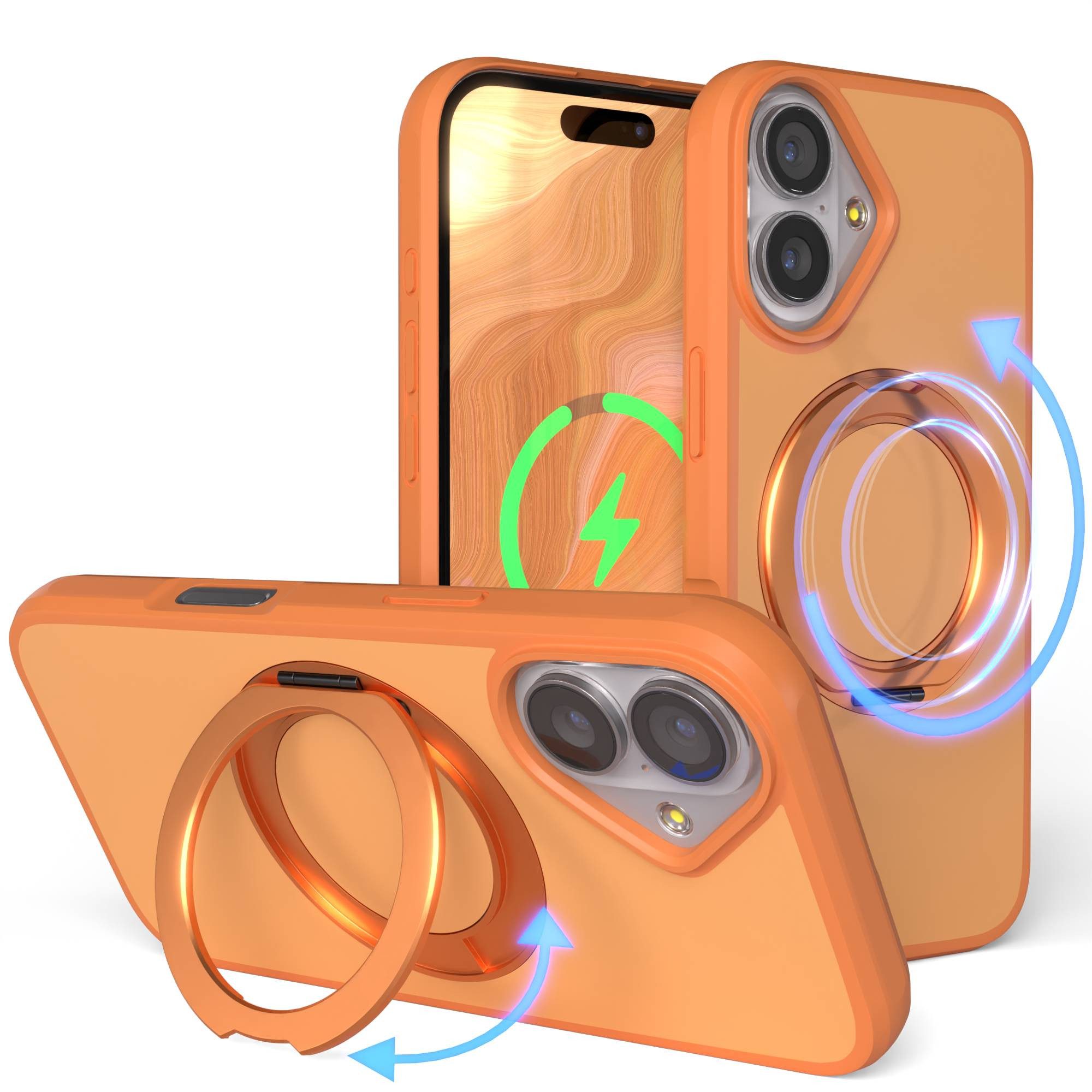 EAZY CASE Handyhülle Outdoor Apple iPhone 17 Case MagSafe Rotation Ring 6,3 Zoll, Slimcover Handyhülle Outdoor zum Aufstellen mit Ring modern in Orange