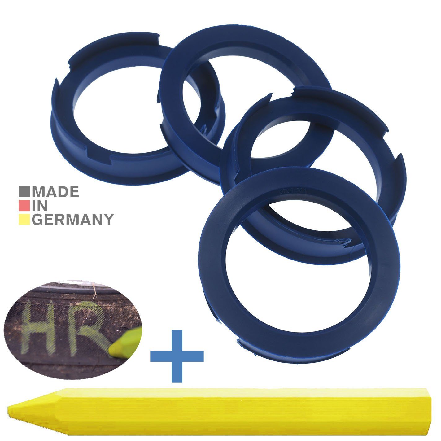 RKC Reifenstift 4X Zentrierringe Blau Felgen Ringe + 1x Reifen Kreide Fett Stift, Maße: 72,6 x 56,1 mm