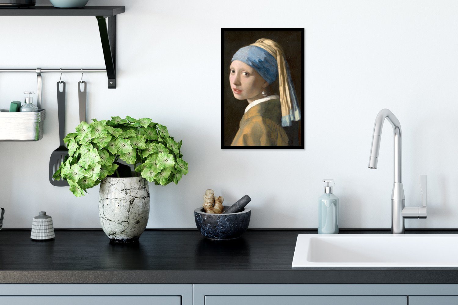 Gemälde Johannes Vermeer, Wandposter, - Das dem (1 Bilder, Poster Mädchen St), Bilderrahmen von Schwarzem Poster, Perlenohrring MuchoWow Wanddeko, Gerahmtes mit