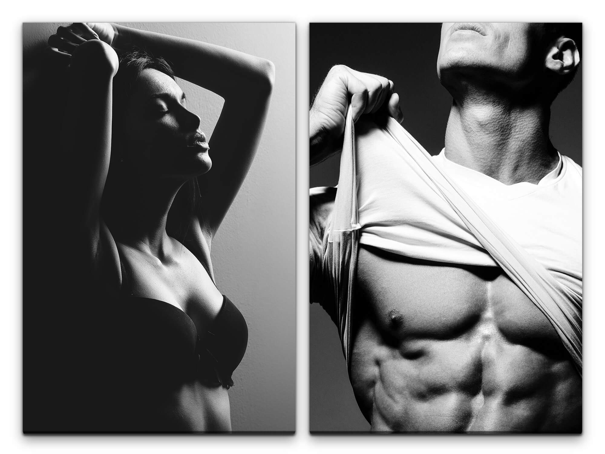 Sinus Art Leinwandbild 2 Bilder je 60x90cm Sinnlich Sexy junge Frau Mann Muskulös Bodybuilder Erotisch