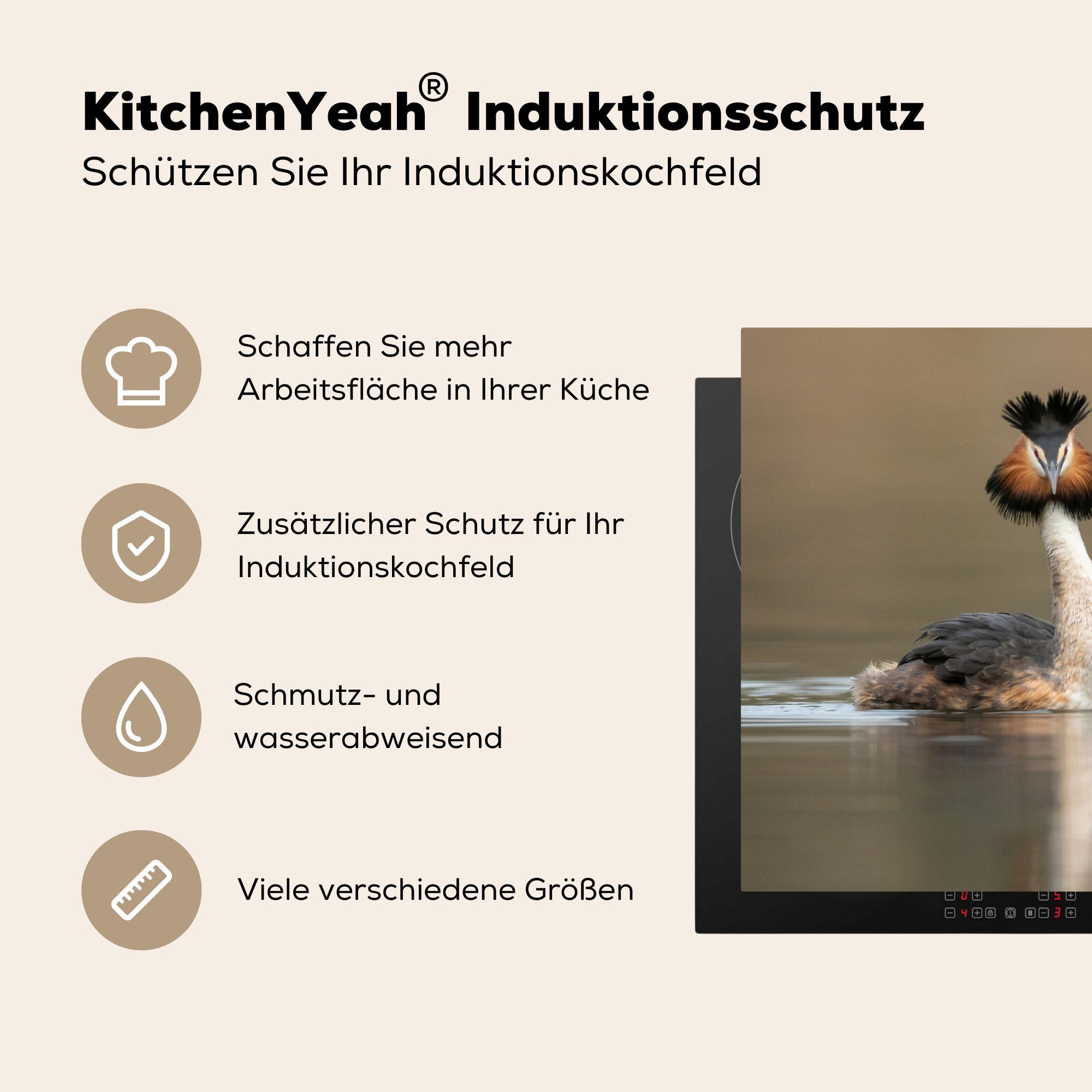 Vinyl, MuchoWow für Vogel 78x78 Ceranfeldabdeckung, Haubentaucher tlg), - (1 - Wasser, Herdblende-/Abdeckplatte cm, Arbeitsplatte küche