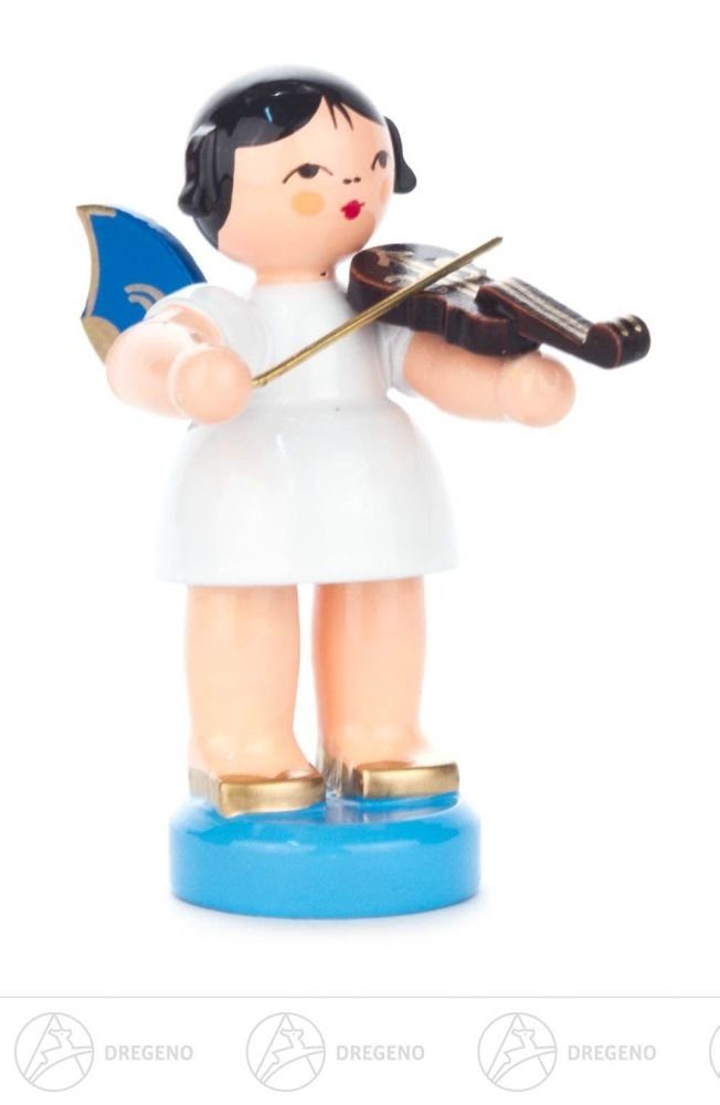 Dregeno Erzgebirge Engelfigur Engel mit Violine stehend, blaue Flügel Höhe ca 5,5 cm NEU