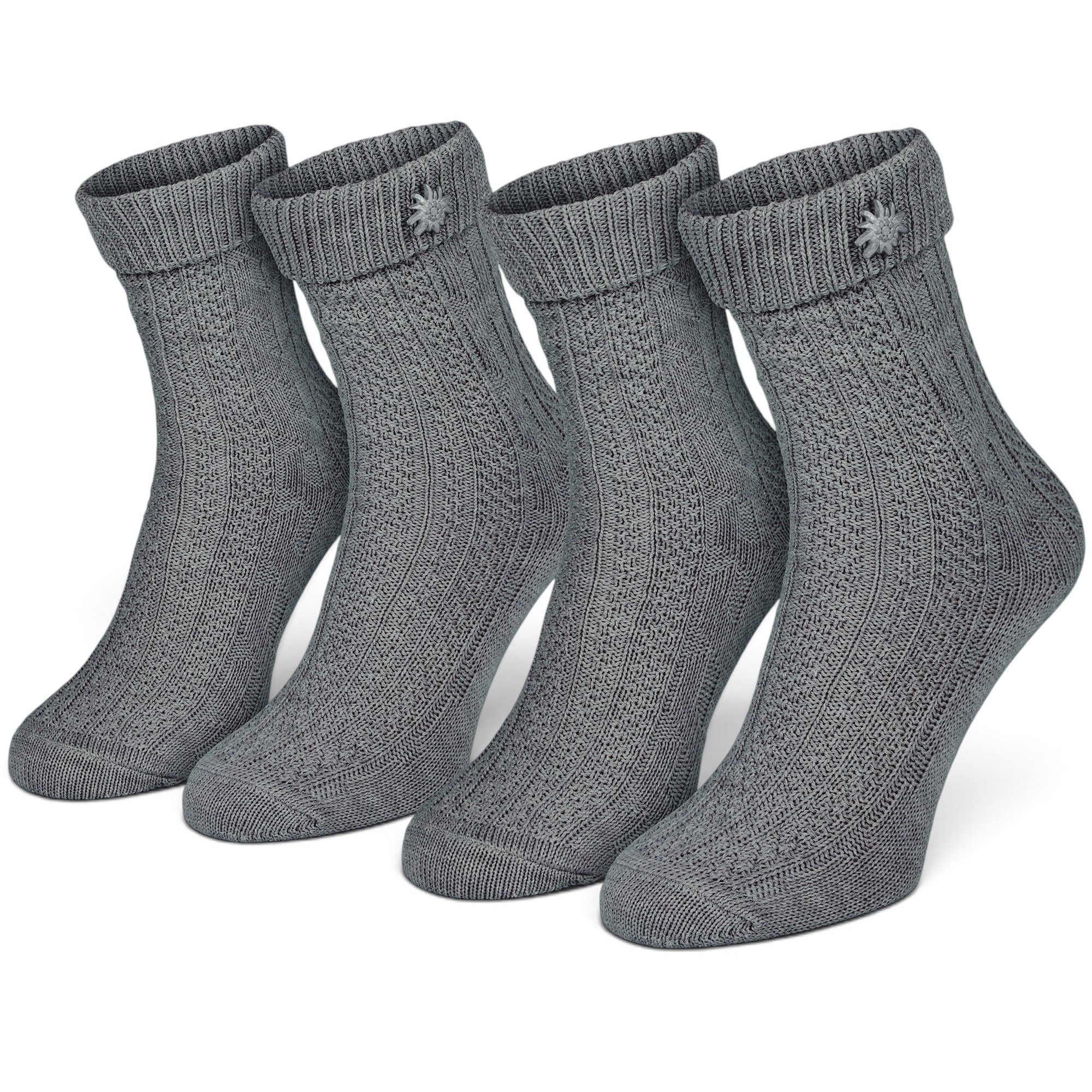 Black Snake Trachtensocken Oktoberfest-Schoppersocken mit Edelweiß-Pin, für Damen & Herren (2-Paar) Abnehmbarer Edelweiß-Pin, klassisches Zopfmuster, weicher Umschlagbund