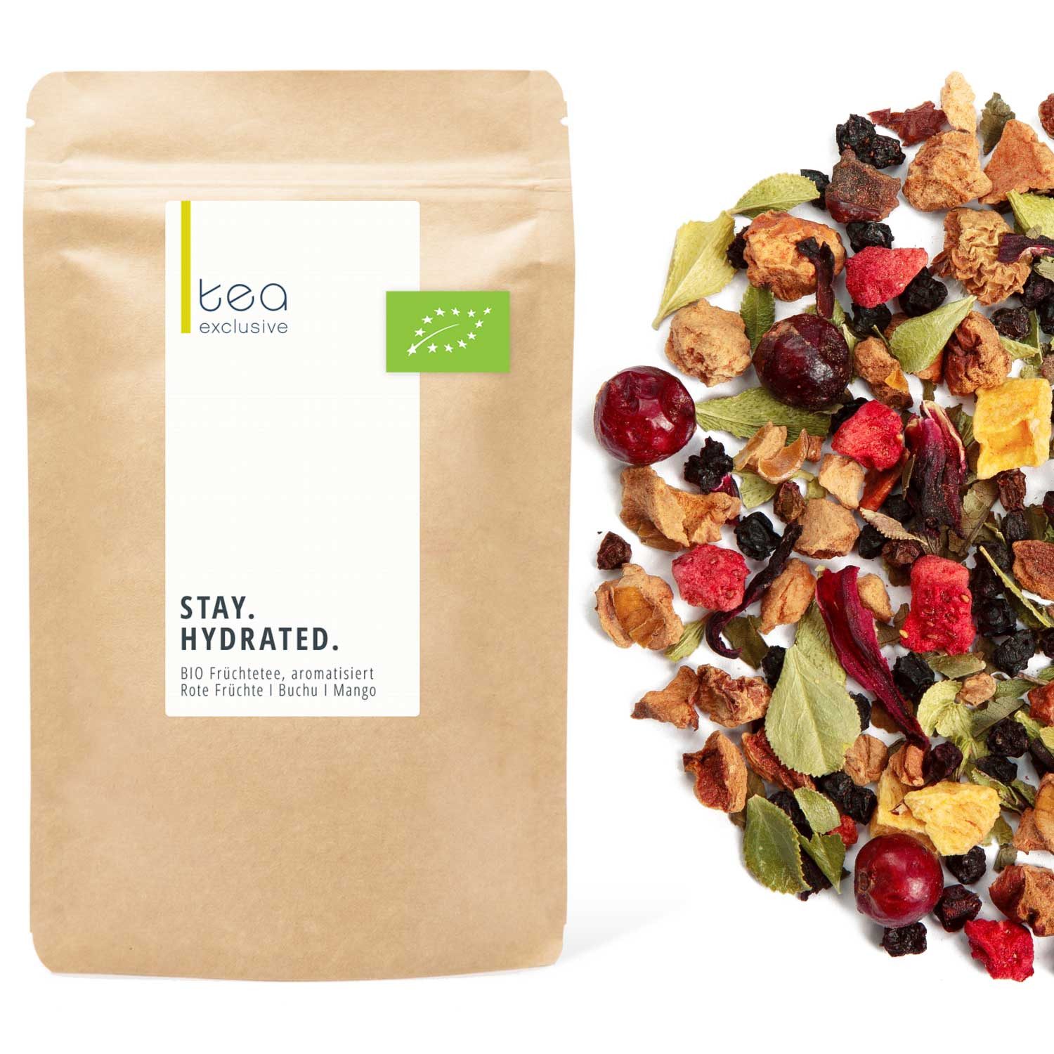 tea exclusive Tee Stay Hydrated, Früchtetee BIO, 100g, Außergewöhnlich fruchtig & exotisch.