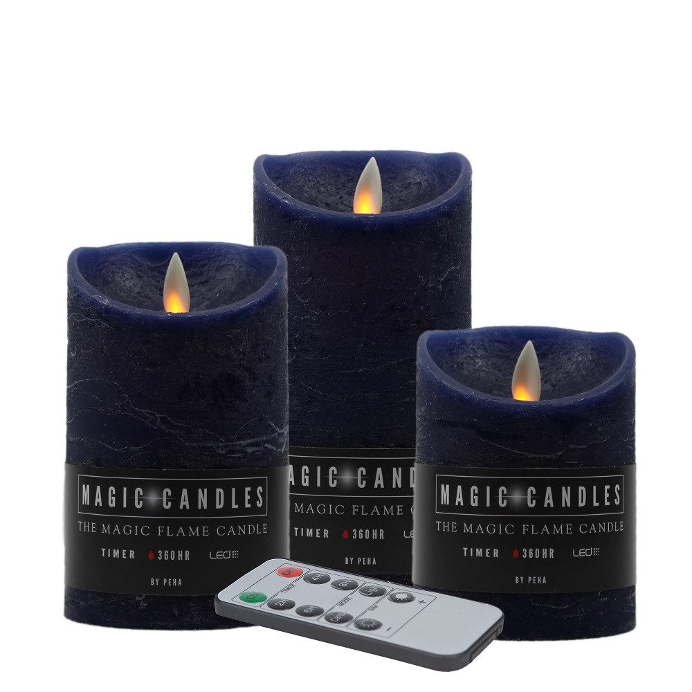 BY PEHA LED-Kerze MB-20354 3er LED Echtwachskerze nachtblau FB Timer Dimmer Flackermodus
