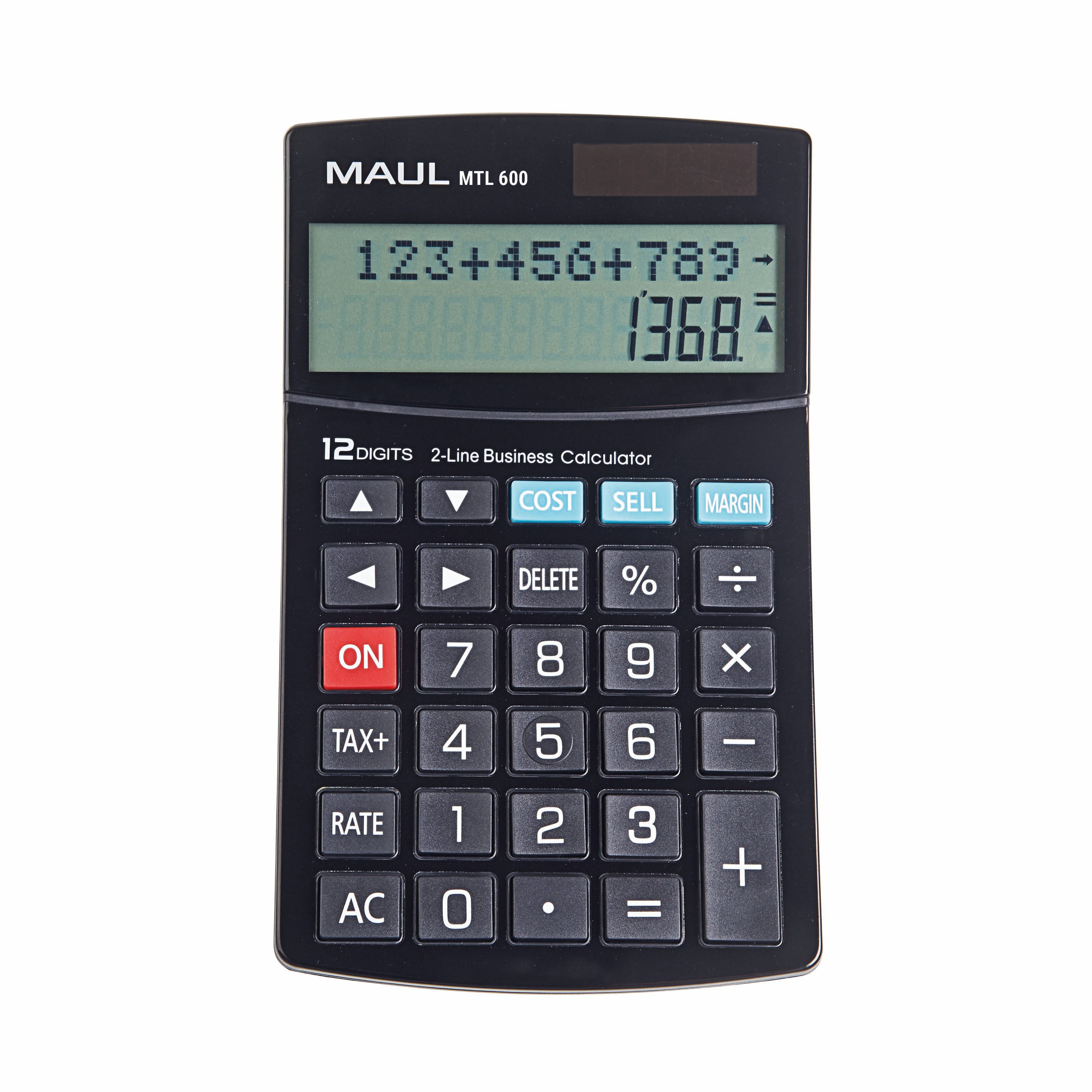MAUL Taschenrechner mit kaufmännischen Funktionen, 12-stelliges Display mit 2 Zeilen, Steuerberechnung, Gewinnspannenberechnung, inkl. Gerätebeatterie