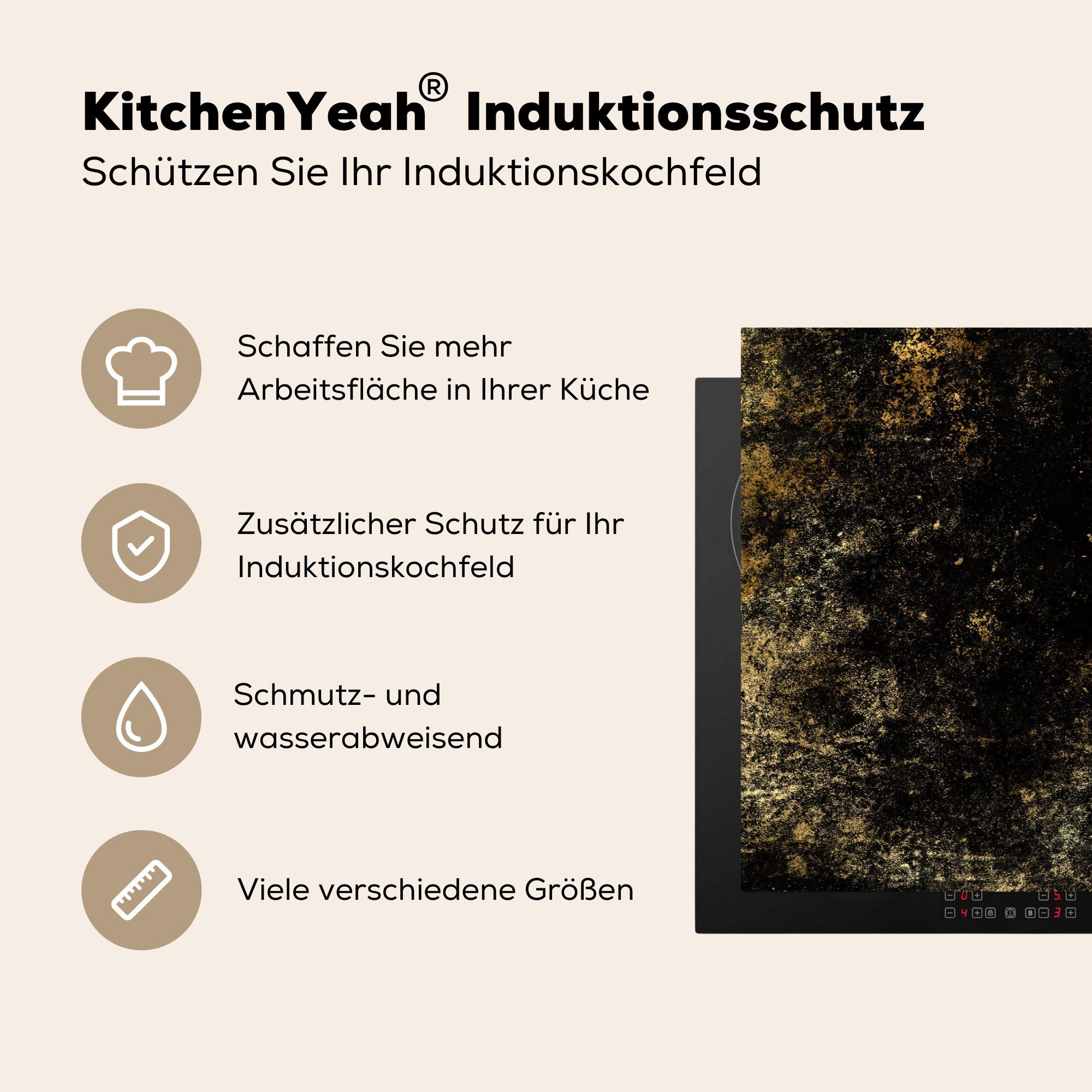 für Gold - 81x52 - Induktionskochfeld Schutz MuchoWow Herdblende-/Abdeckplatte Vinyl, (1 küche, tlg), die Schwarz Abstrakt, Ceranfeldabdeckung cm,