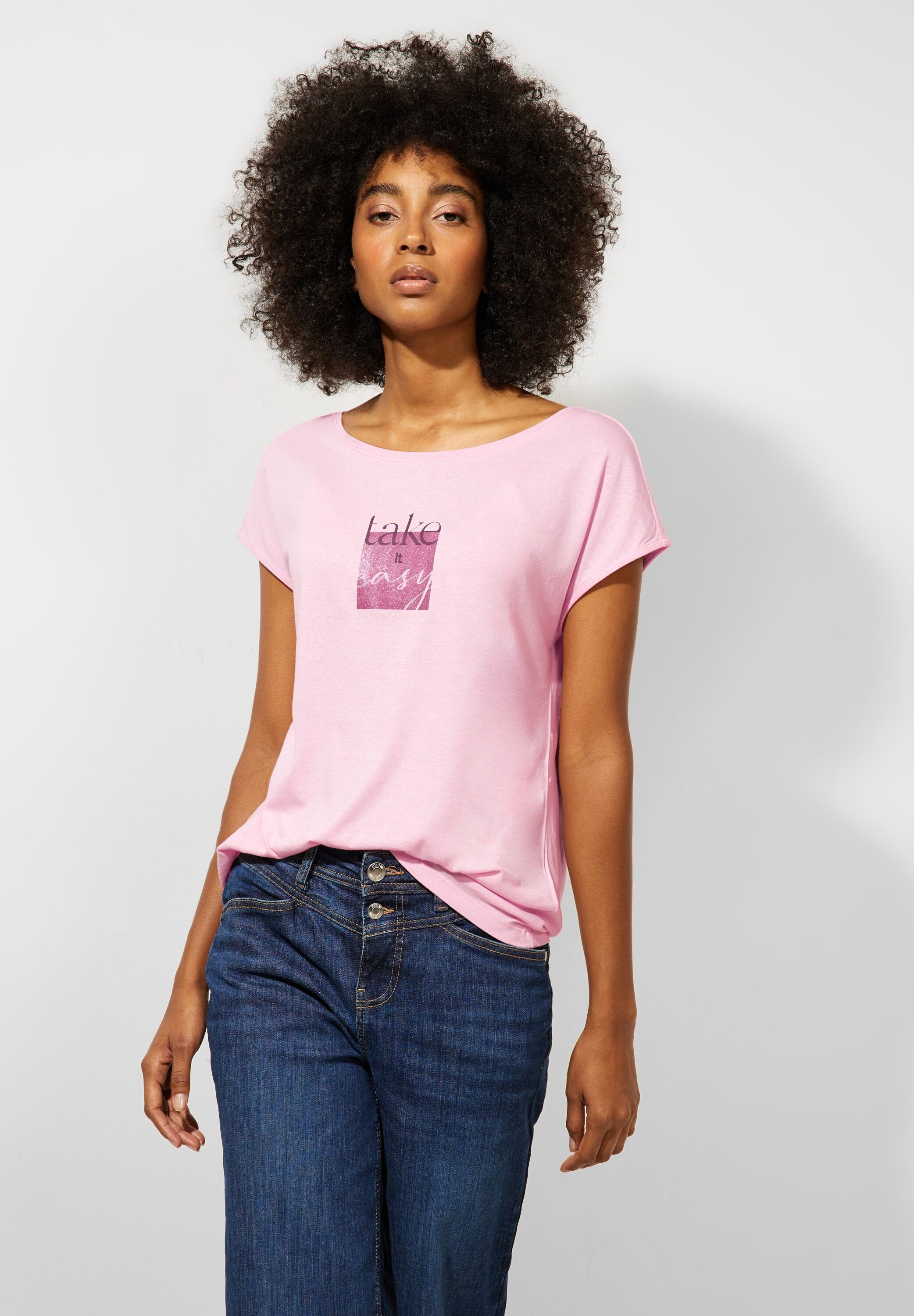 STREET ONE T-Shirt mit Glitzer-Wording-Print, Rundhalsausschnitt