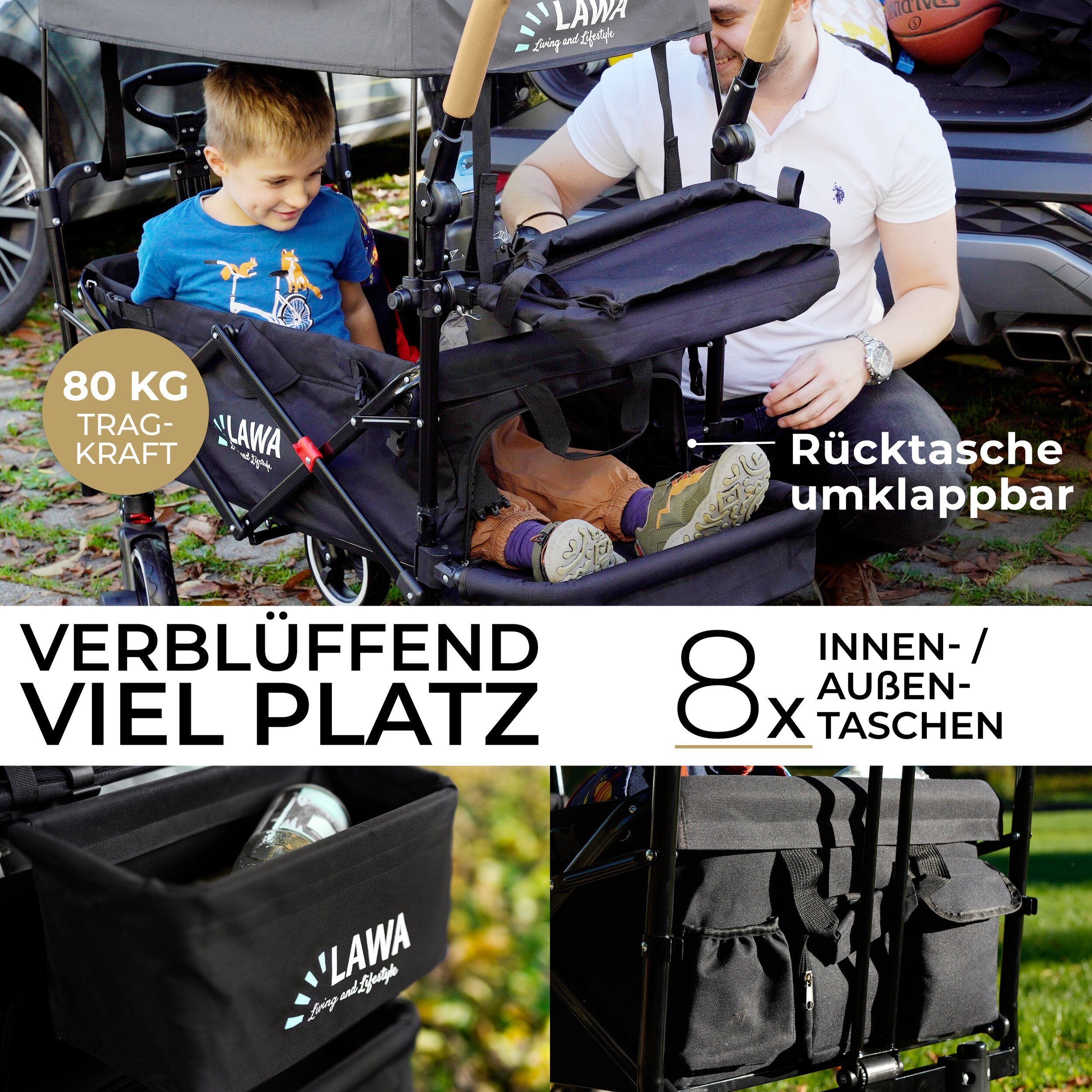 und (Komplettset Tragkraft, schwarz faltbar Regenhaube, zum mit Dach Bollerwagen LAWA Insektenschutz Kinder für 80kg grau mit sitzen Becherhalter), Lifestyle zum and Living schieben / Handwagen