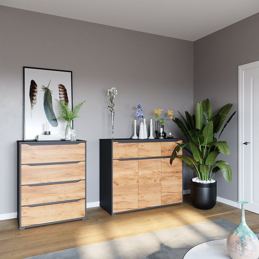 Vicco Kommode Ruben, Goldkraft Eiche/Anthrazit/Anthrazit, 48 x 101.6 cm mit Schub...