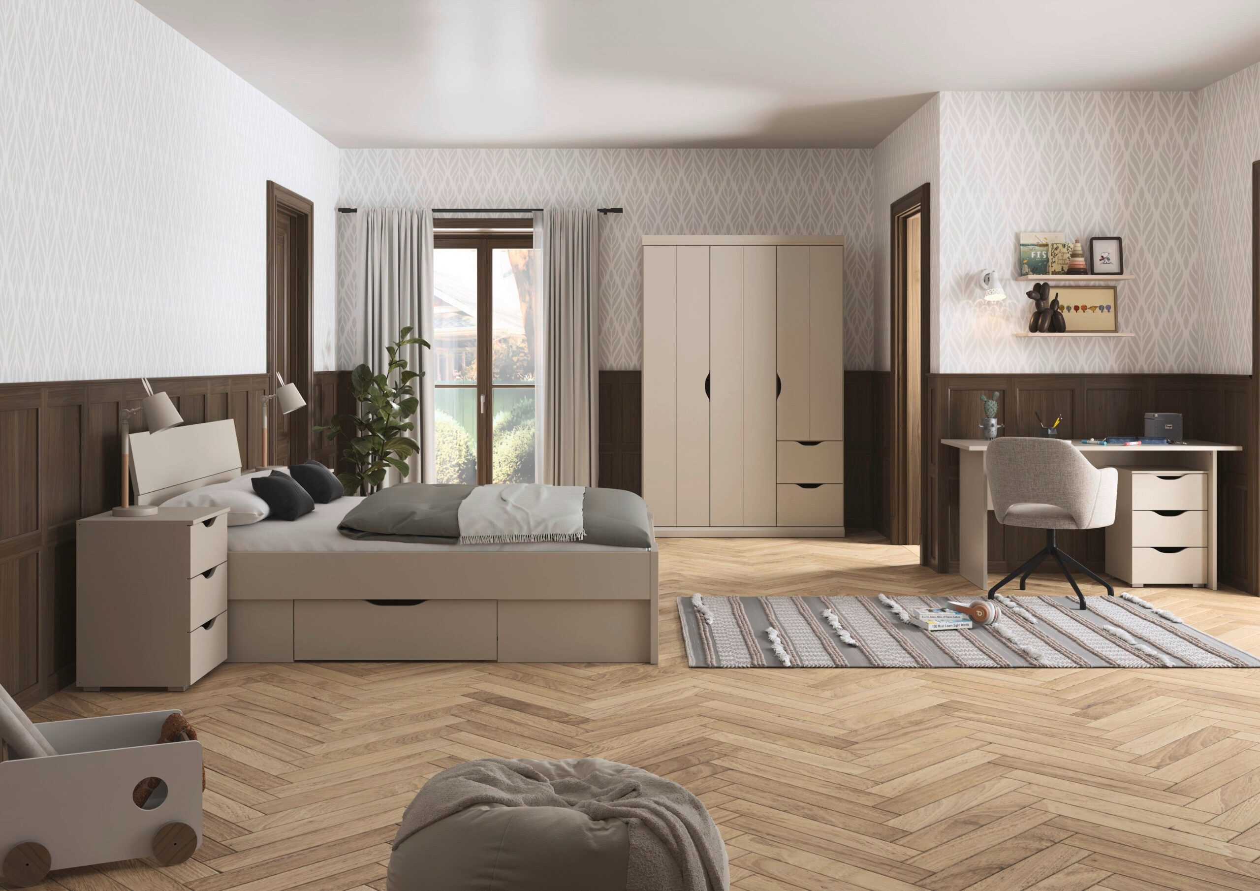 möbel-direkt.de Jugendzimmer-Set Frieda in Beige mit 3 türigem Kleiderschrank, (Komplett-Set, 5-tlg., in verschiedenen Ausführungen wählbar), Made in Germany