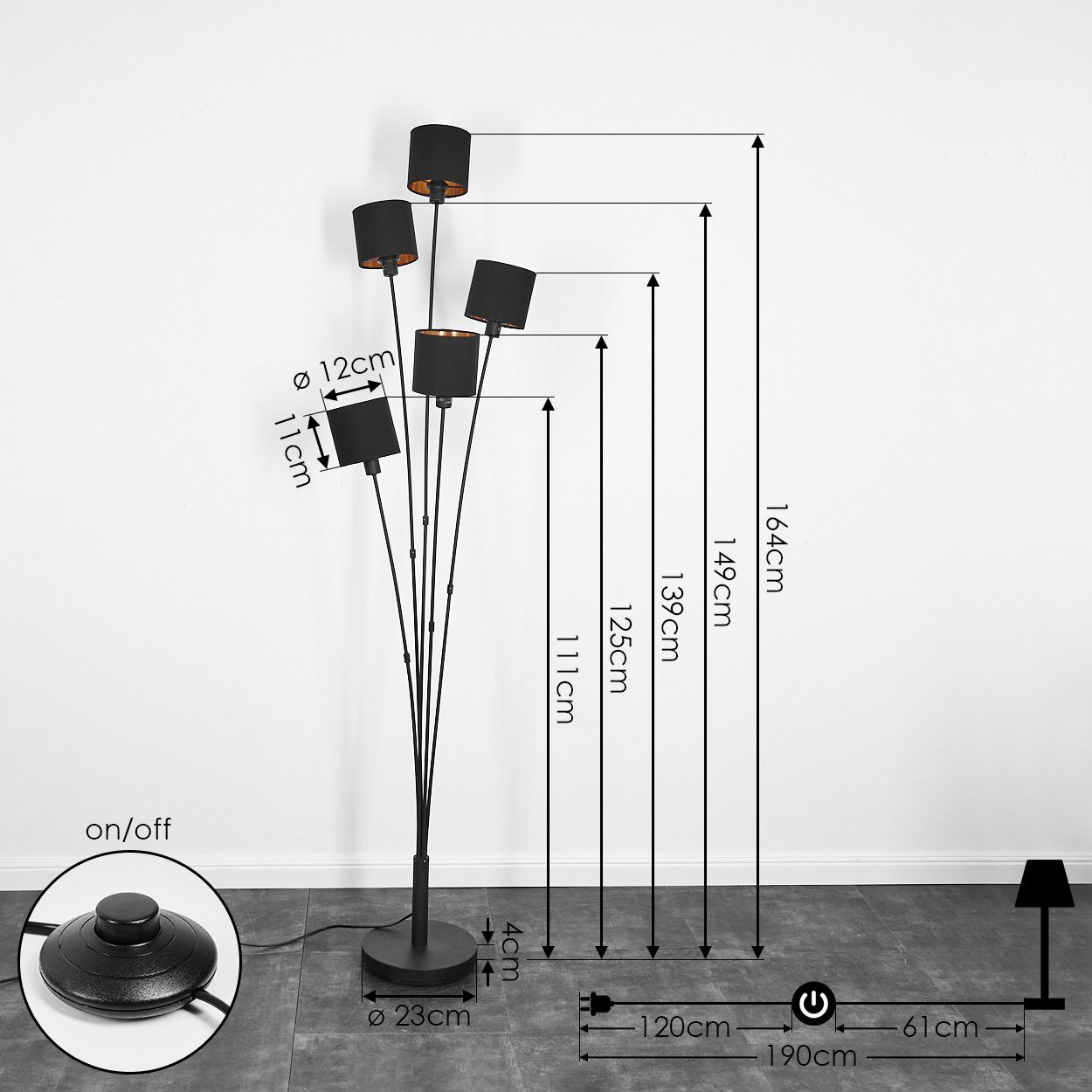 »Costa« Kabel runde mit am hofstein Standlampe, Stoffschirme, Schwarz, Stehlampe Bodenlampe, Schwarz/Goldfarben, 5xE14, Fußschalter Metall,