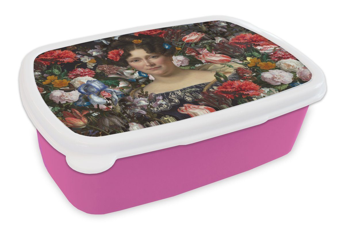 MuchoWow Lunchbox Johanna Henriette Engelen - Dubois Drahonet - Blumen, Kunststoff, (2-tlg), Brotbox für Erwachsene, Brotdose Kinder, Snackbox, Mädchen, Kunststoff rosa | Lunchboxen