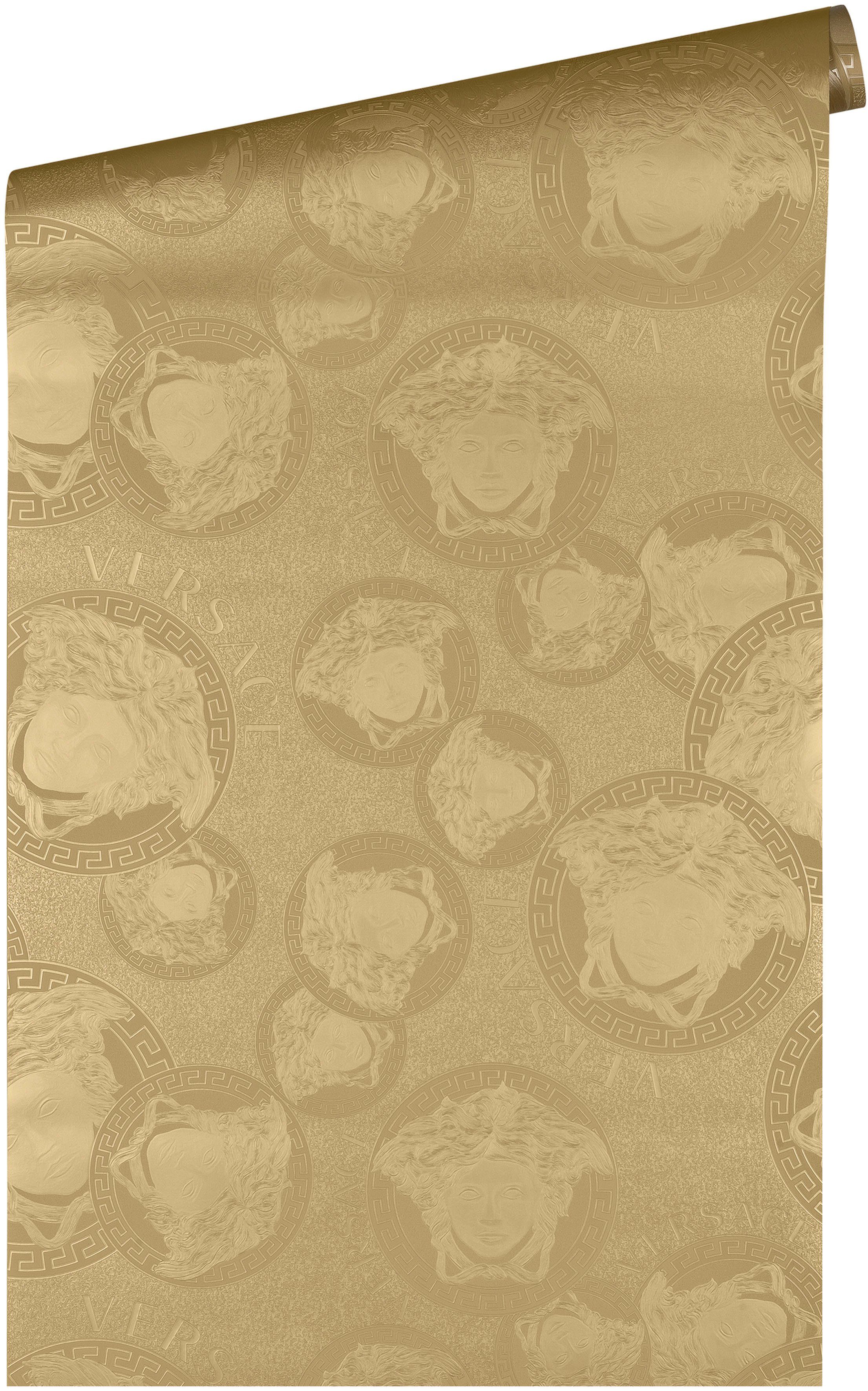 Versace Vliestapete Wallpaper Versace 5 Medusakopf Metallic, leicht strukturiert, glänzend, hochglänzend, metallic, (1 St), Designertapete Tapeten Wohnzimmer Schlafzimmer Küche modern Flur Optik