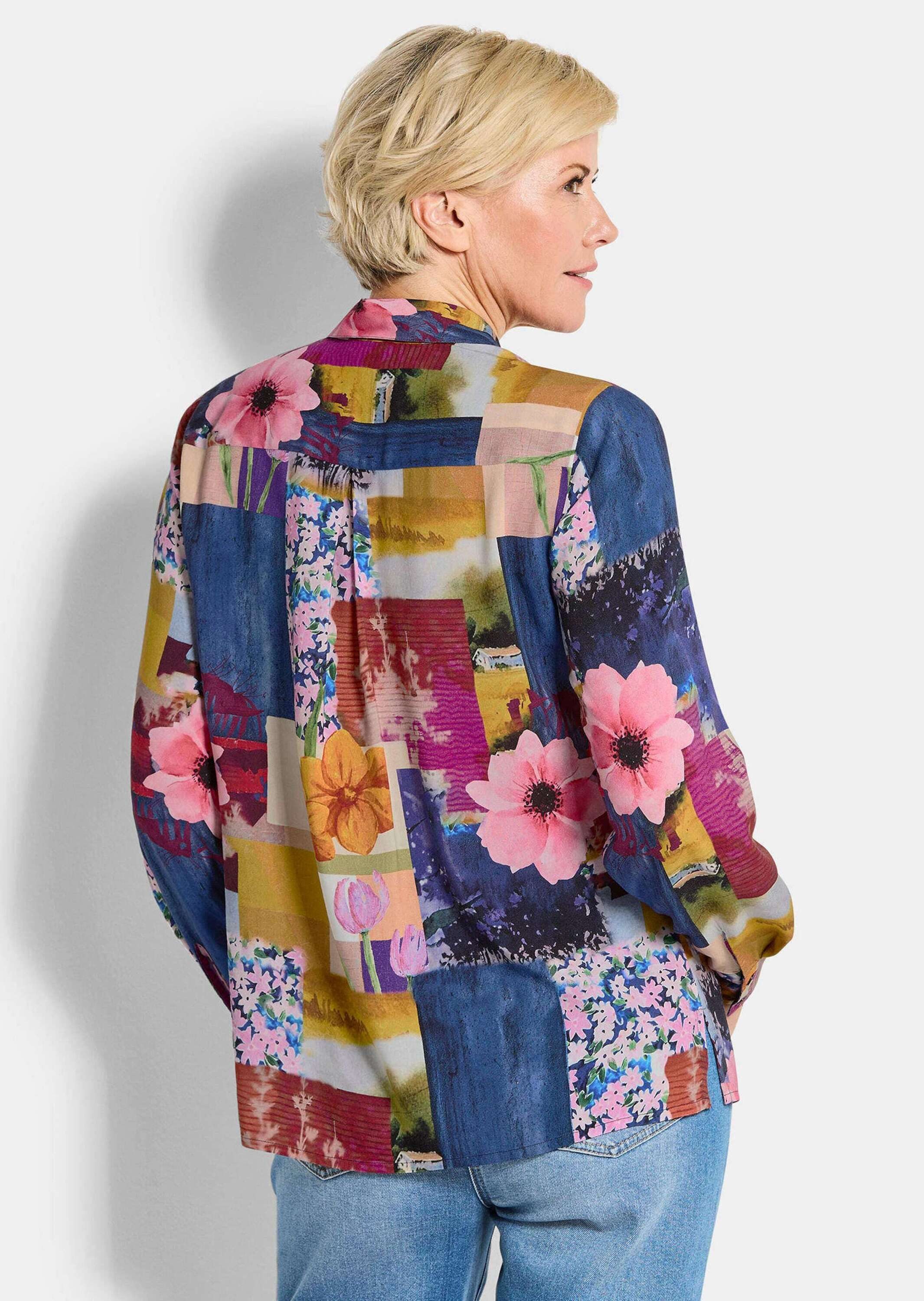 GOLDNER Hemdbluse Viskosebluse mit Patchwork-Print Blusenshirt mit Hemdkragen, Rückenfalte, Knopfleiste und Langarm