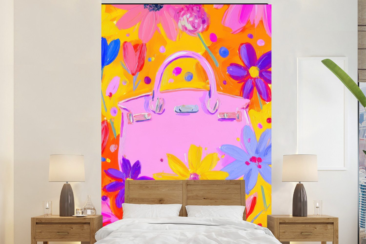 MuchoWow Fototapete Tasche - Rosa - Blumen, Matt, bedruckt, Montagefertig Vinyl Tapete, Wandtapete, 170x260 cm