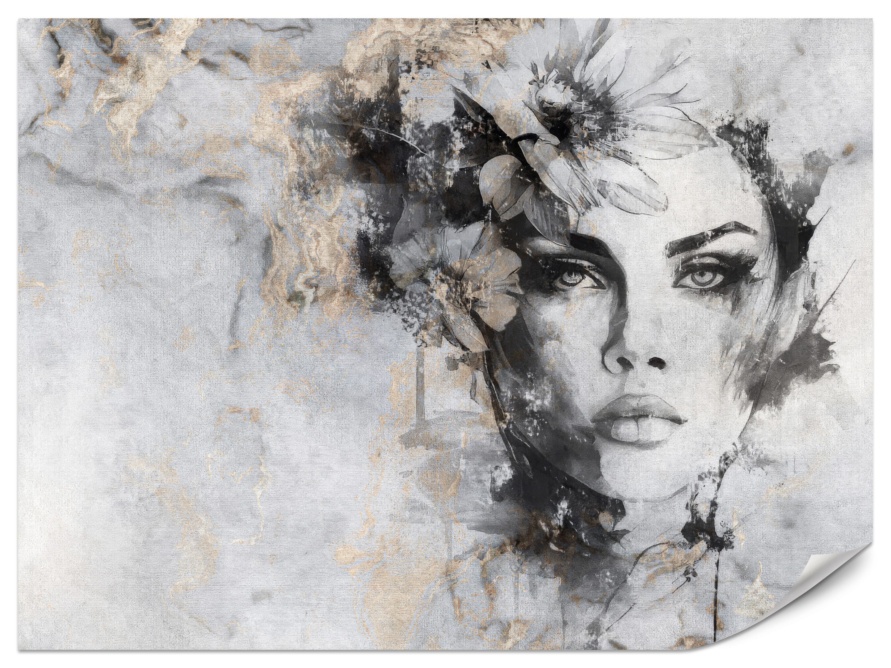 Muralo Fototapete Vliestapete - Frauenporträt, Abstraktes Porträt, Blumen, Glatt, Grafisch, (Packung, 1 St., 100x70 cm), Kleber im Set, 3D-Optik, Ins Schlafzimmer