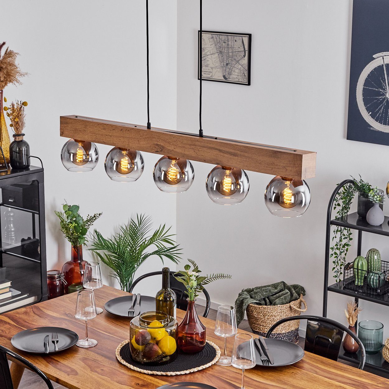 hofstein Pendelleuchte »Canove« Pendellampe, Metall/MDF/Glas, Schwarz/Holzo günstig online kaufen