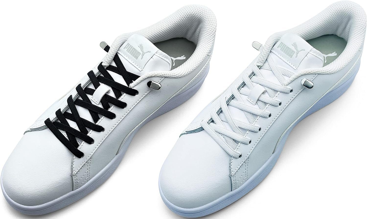 ELANOX Schnürsenkel 4 Stück für 2 Paar Schuhe elastische Schnürsenkel mit Clips, inkl. Enden (Clips) - 8 St. in silber schwarz + weiss