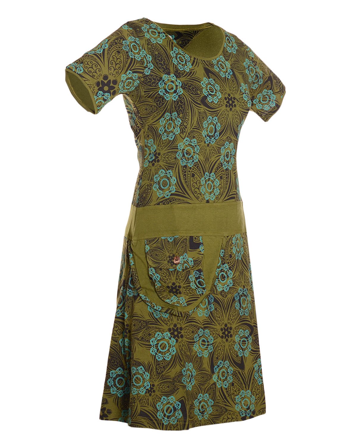 Vishes Jerseykleid Kurzarm Kleid Damen Bedruckt Blüten Tasche Jersey Baumwolle Alternative Mode, Boho, Hippie, Ethno, Festival
