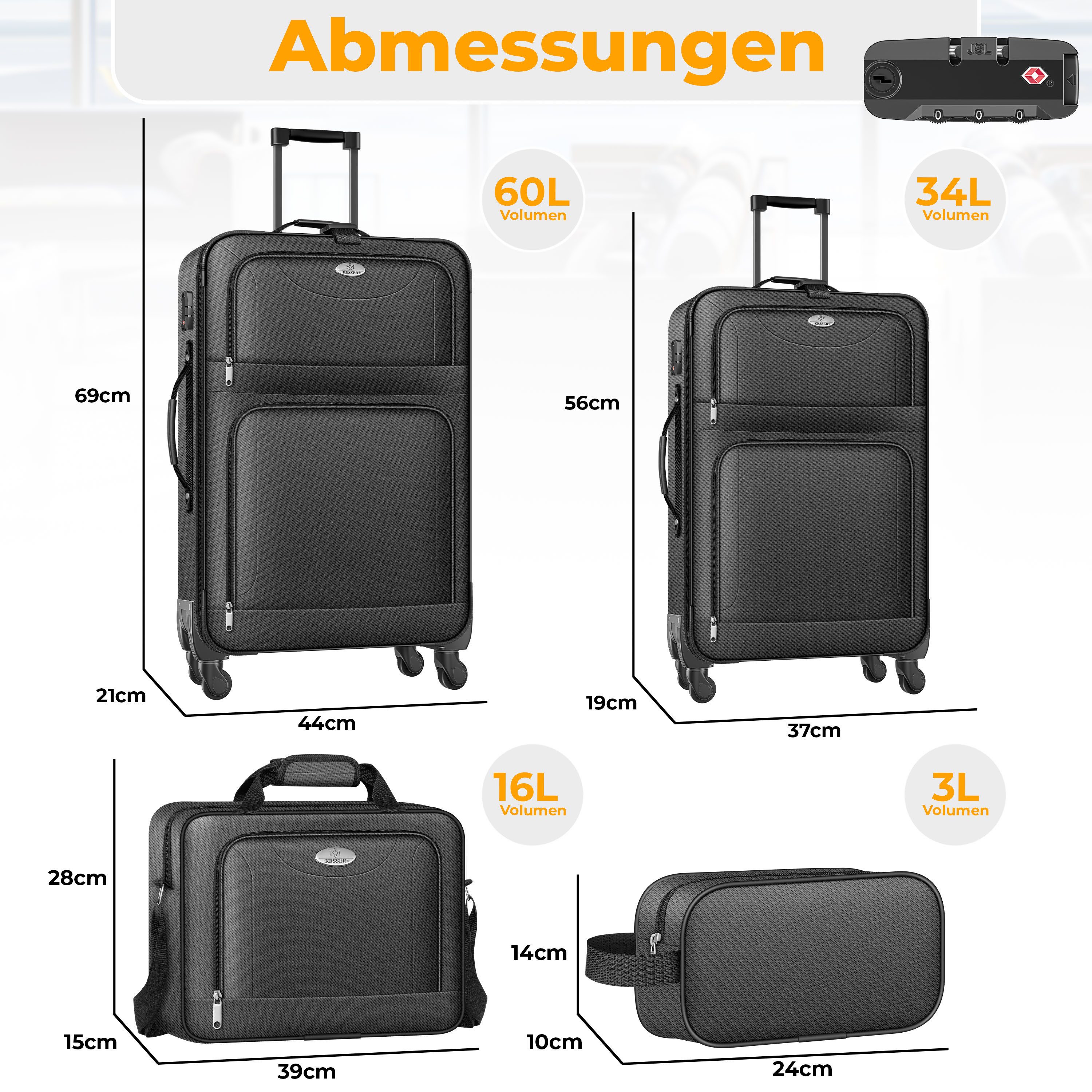 KESSER Kofferset, 4 Rollen, (Kosmetiktasche Handgepäck leichter Koffer & große Koffer), mit 3-Ziffern-TSA-Schloss, 360° Rollen & Teleskopgriff