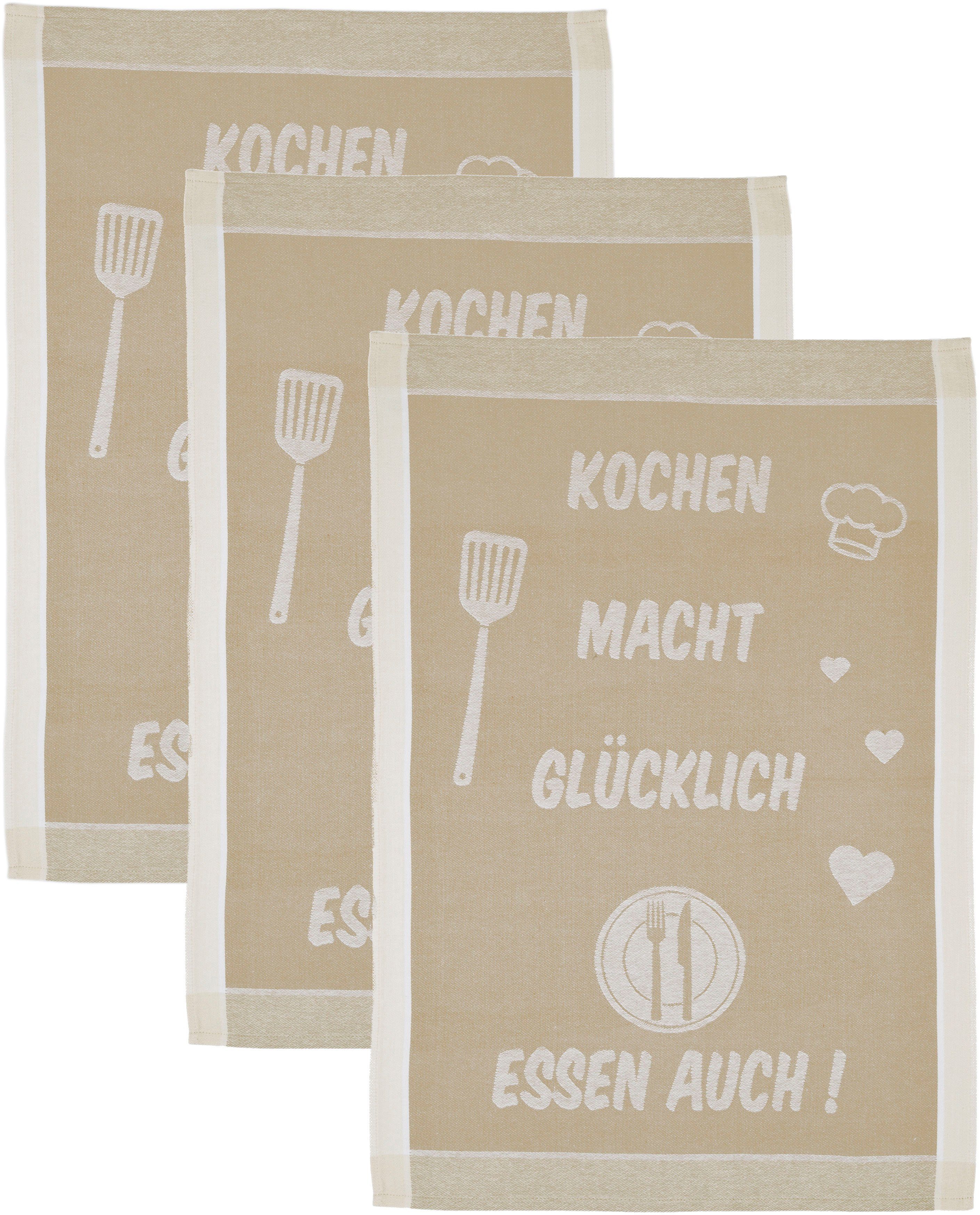 ROSS Geschirrtuch Kochen macht glücklich... Essen auch, (Set, 3-tlg), Sprüchetuch, aus 100% Baumwolle