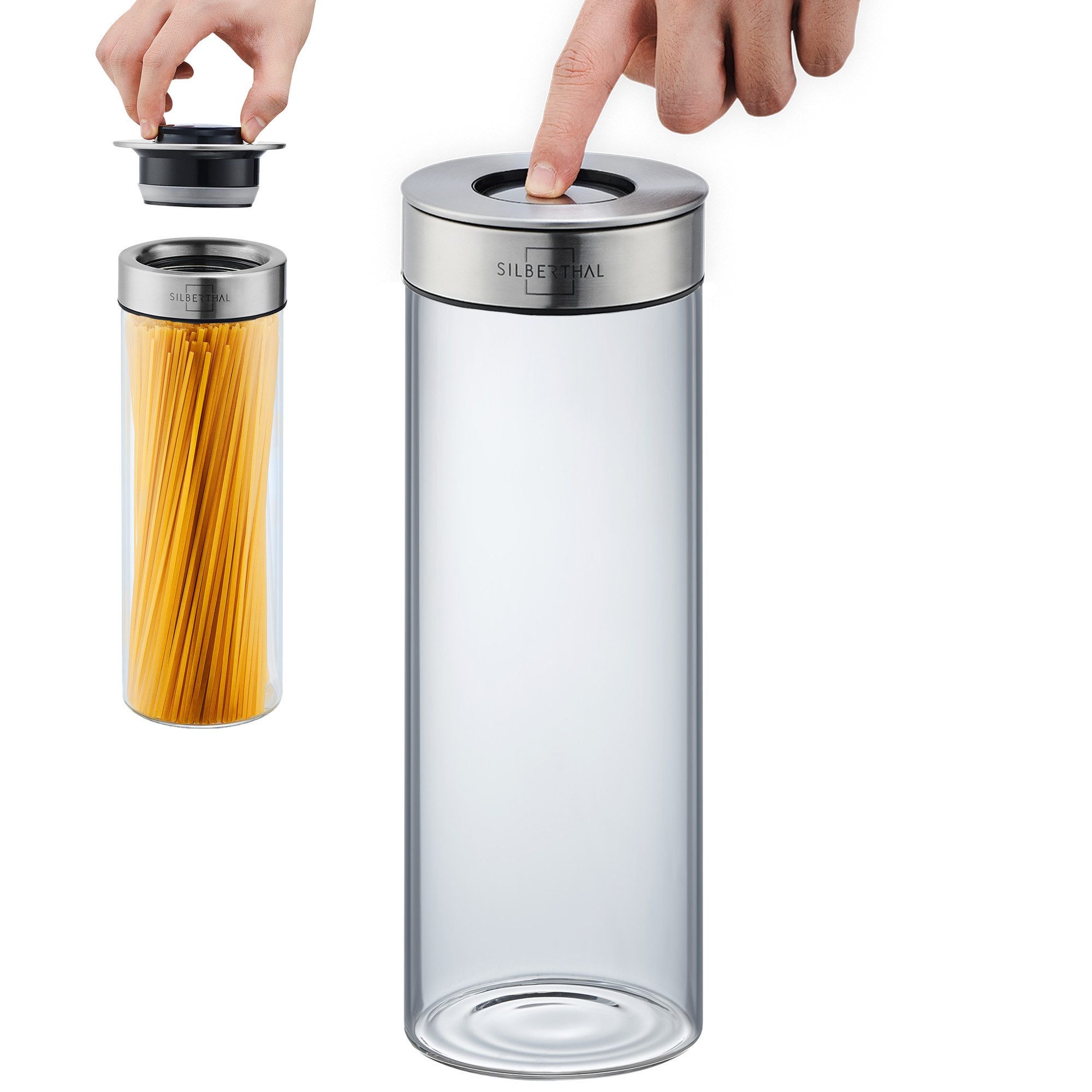 SILBERTHAL Vorratsglas 1700ml, Vorratsdose mit Klickdeckel, Glas, Edelstahl, (Einzeln, 1-tlg), Luftdicht & Mottensicher
