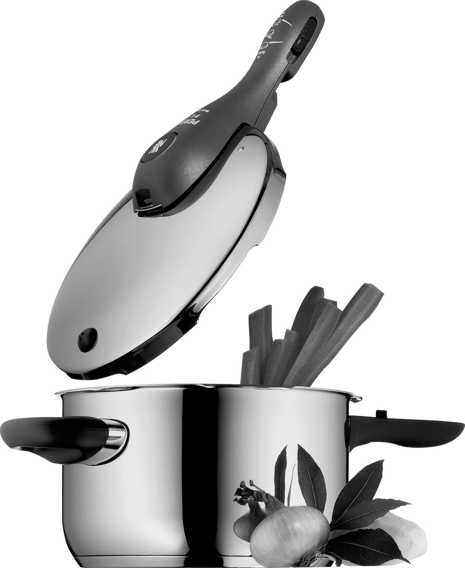 WMF Schnellkochtopf Perfect Plus, Cromargan® Edelstahl Rostfrei 18/10 (3-tlg), Dampfkochtopf mit abnehmbarem Griff, Ø 22 cm, Induktion