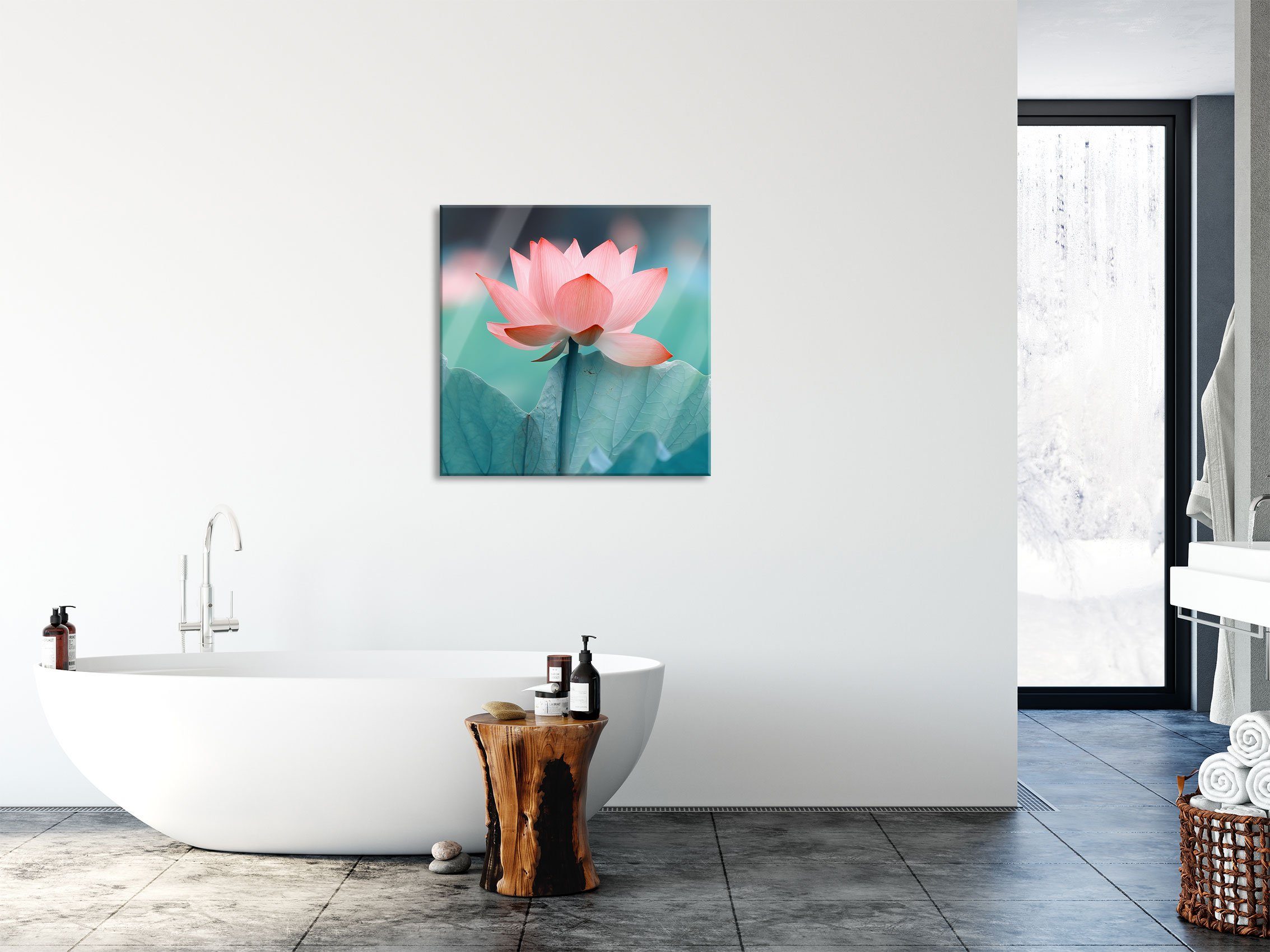 inkl. Glasbild aus Abstandshalter und Echtglas, Lotus rosafarbener Glasbild (1 Zarte Aufhängungen St), rosafarbener Lotus, Pixxprint Zarte