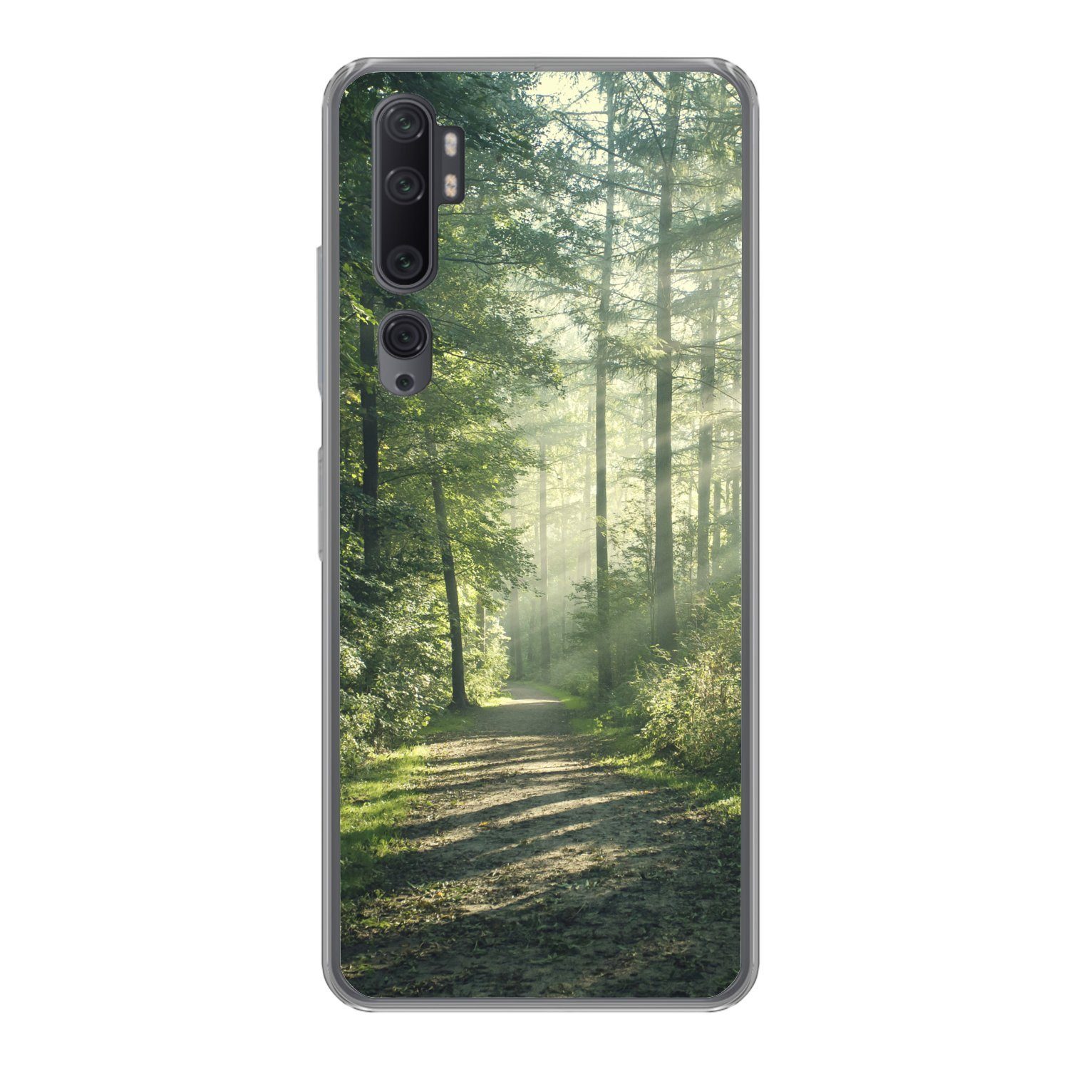 MuchoWow Handyhülle für Xiaomi Mi Note 10 Wald - Weg - Sonne - Bäume - Grün - Natur