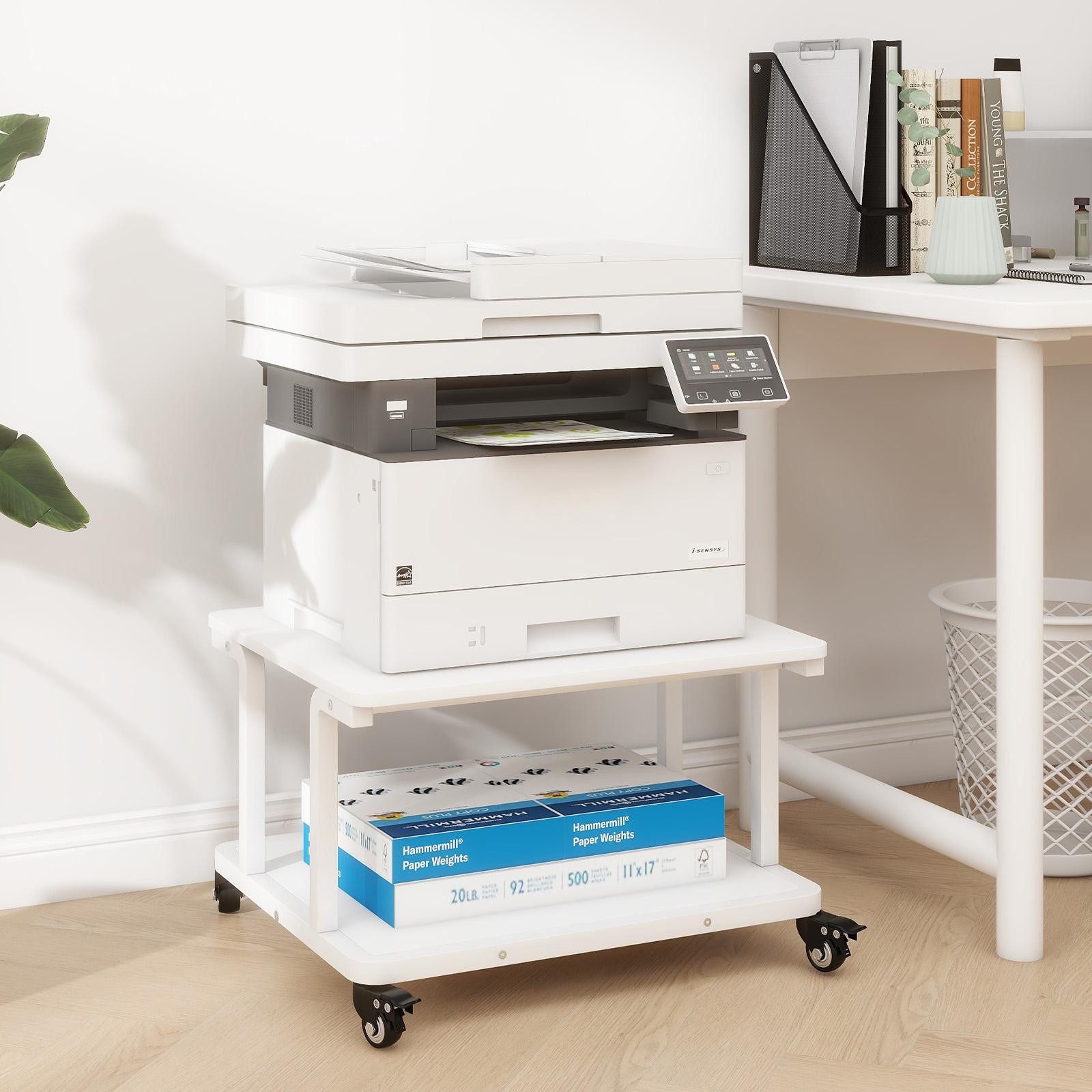 PUNCIA Druckertisch 2 Schichten 60x50cm Heim Büro mit Raddrucker Aufbewahrungshalter Tisch (1-St), Arretierbare 360°-Rollen, 70kg Tragkraft