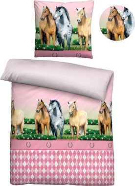 Kinderbettwäsche Pferde, Biberna, Linon, 2 teilig, 135/200+80/80 cm, atmungsaktiv, 100% Baumwolle, Reißverschluss